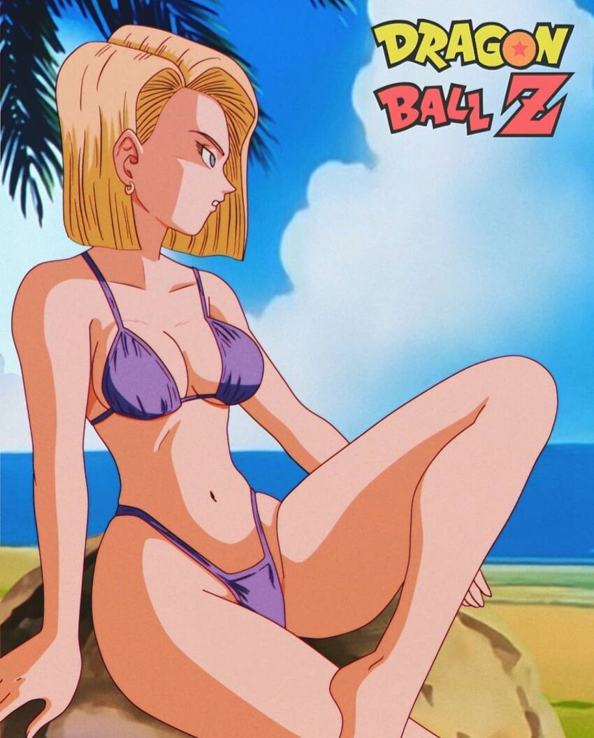 1girls android android_18 android_girl ass beach belly_button bikini blonde_female blonde_hair blonde_hair_female blue_eyes blue_eyes_female blue_sky blue_sky_background breasts cloud clouds cloudy_sky dragon_ball dragon_ball_super dragon_ball_z earring earrings eyelashes female female_focus female_only highres hips jewelry legs light-skinned_female light_skin looking_at_view looking_away medium_breasts medium_hair navel ocean ocean_background purple_bikini purple_bikini_bottom purple_bikini_top salvamakoto sand sea sea_background sitting sitting_down sitting_on_rock sky solo solo_female solo_focus swimsuit thighs trees water