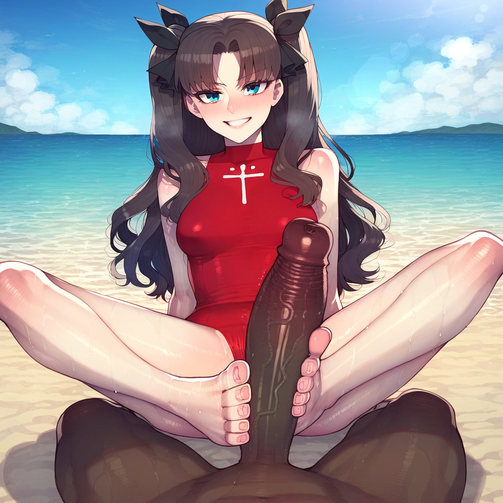 ai_generated bald beach big_ass big_balls big_breasts big_butt big_penis big_thighs black_hair blue_eyes blush dark-skinned_male dark_skin faceless_male fate/grand_order fate_(series) footjob huge_ass huge_balls huge_breasts huge_butt huge_cock huge_thighs muscular muscular_male swimsuit tohsaka_rin wanuze wide_hips