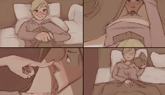 1boy 1girls bed blonde_hair book brothatslewd comic cunnilingus femdom gentle_femdom glasses