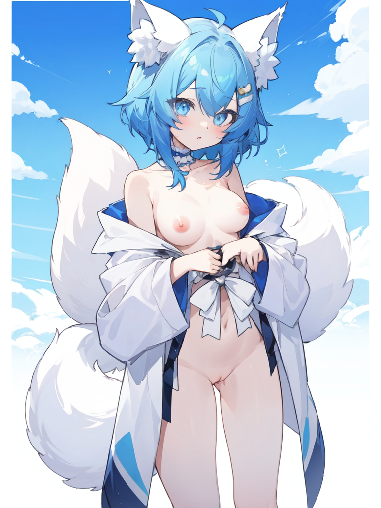 ai_generated blue_eyes blue_hair blue_sky breasts breasts_out breasts_out_of_clothes nipples nude nude_female robe robe_open shy tagme vagina virtual_youtuber vtuber vtuberfanart white_tail wolfychu youtuber