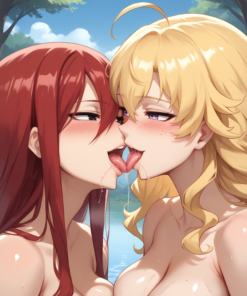 2girls ahoge ai_generated blonde_hair crossover erza_scarlet fairy_tail kissing lavender_eyes red_hair rwby yang_xiao_long yuri