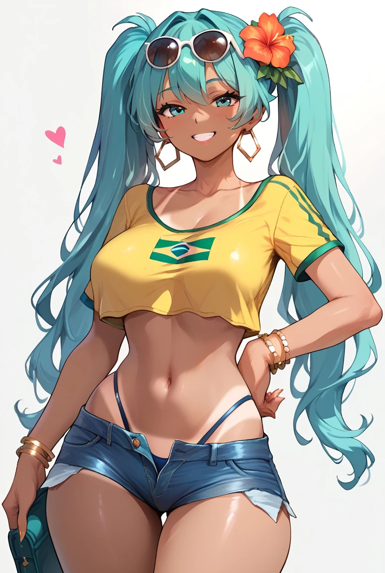 ai_generated athletic_female bare_legs big_breasts blue_eyes blue_hair brazil brazilian brazilian_female brazilian_flag brazilian_miku earrings flower_in_hair hatsune_miku huge_breasts huge_thighs large_breasts long_hair looking_at_viewer short_shorts smiling solo_female squatting sunglasses sunglasses_on_head sweat sweatdrop t-shirt tan-skinned_female tan_body tanned_female tanned_skin thick_thighs thighs twintails very_long_hair vocaloid voluptuous voluptuous_female xd696969