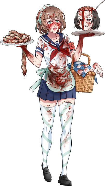 amai_odayaka apron black_footwear black_hair blood blood_in_hair blood_on_clothes blood_on_face blood_on_hands blouse blue_skirt blush breasts brown_eyes brown_hair commentary crazy_eyes crazy_smile english_commentary exposed_brain female full_body green_eyes guro holding holding_plate intestines kjech neckerchief organs picnic_basket picnic_blanket plate school_uniform severed_arm severed_head severed_limb shirt short_hair skirt smile stitched_mouth stitches striped_clothes striped_thighhighs thighhighs transparent_background white_thighhighs yandere_simulator zettai_ryouiki