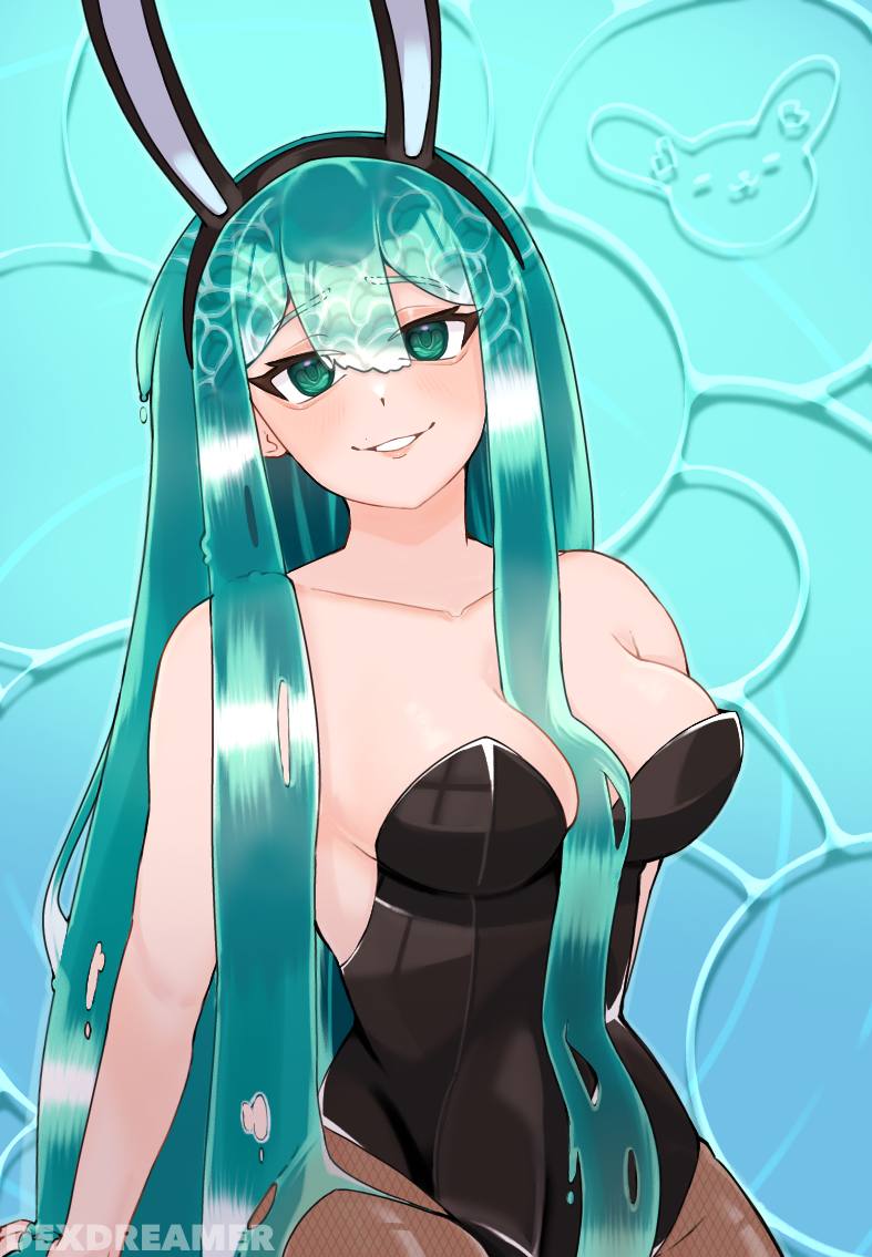 1girls alternate_version_available blue_hair bunnysuit dexdreamer fake_animal_ears fake_rabbit_ears female female_only green_eyes light-skinned_female light_skin liquid_hair long_hair mythoshq nipple_slip poseidon_(vtuber) sitting smile smiling smiling_at_viewer thick_thighs virtual_youtuber water_hair