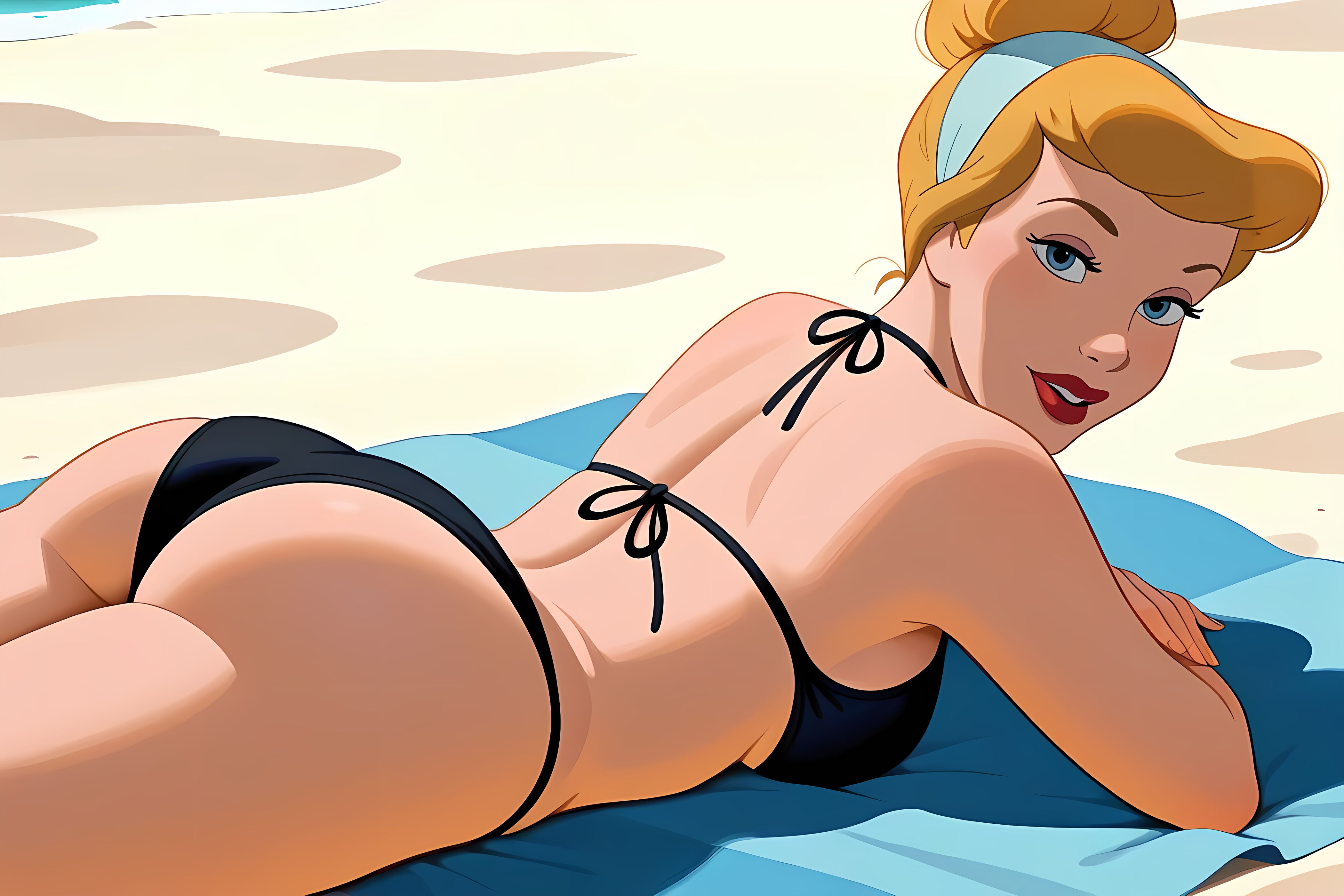 1girls, ai generated, ass, beach, beach towel, bikini, black bikini, boobs, breasts, cinderella (1950 film), cinderella (disney), daytime, disney, disney princess, female, female only, hi res, highres, laying down, laying on stomach, looking at viewer, pinku.ai, side view, sideboob