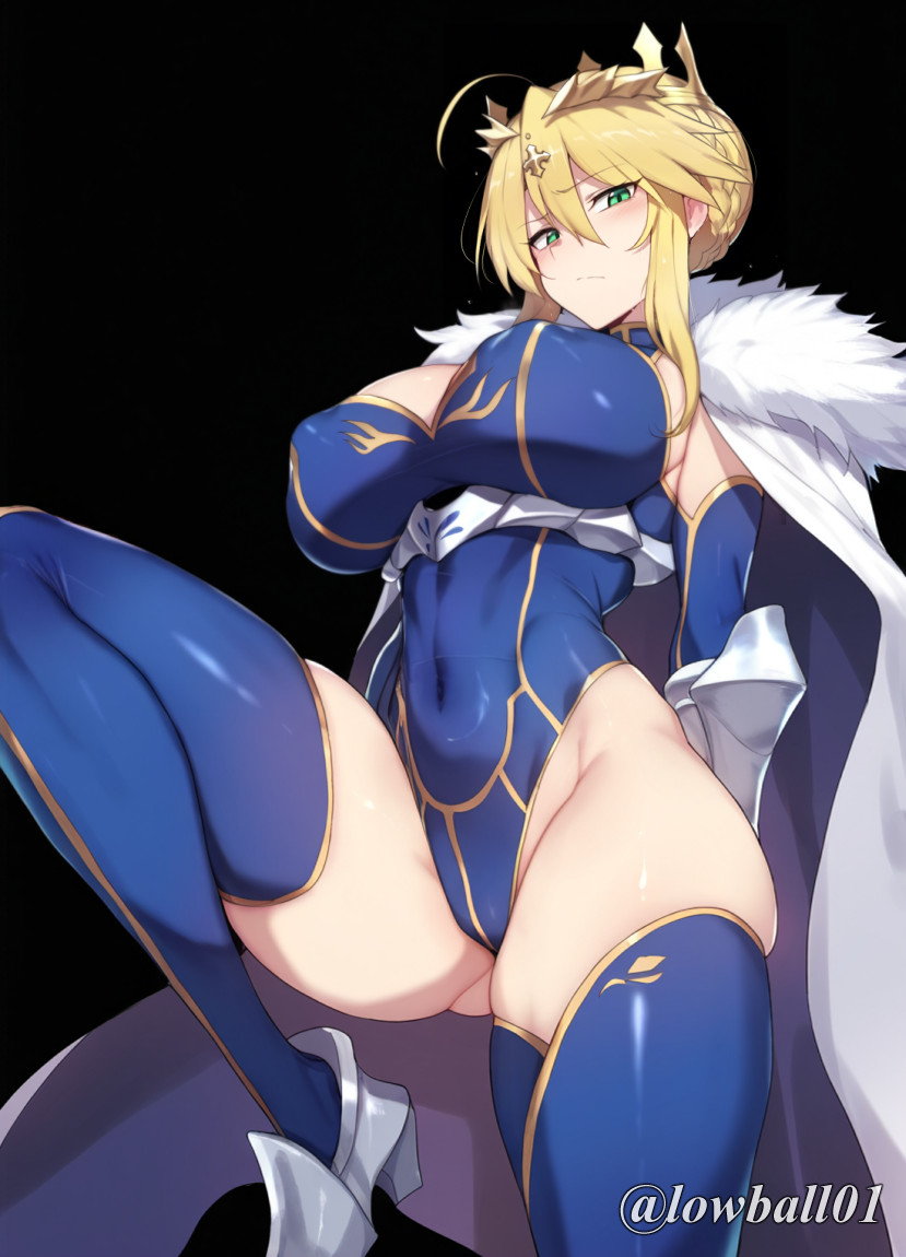 ai_generated artoria_pendragon artoria_pendragon_(lancer) blonde_hair coat covered_nipples crown fate/grand_order fate_(series) green_eyes high_heels hip_focus hips knee_up leotard looking_at_viewer looking_down mature mature_female mature_woman mommy narrow_waist nipples skindentation standing_on_one_leg thick_thighs thighhighs thighs tight_clothes tight_clothing wide_hips