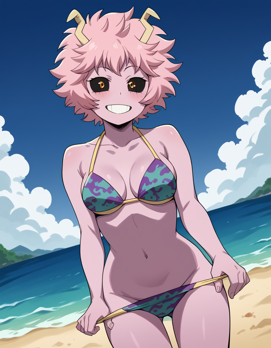 ai_generated ashido_mina bare_arms bare_shoulders beach bikini bikini_pull black_sclera blue_sky blush bones_(company) breasts clavicle cleavage clothes_pull clothing cloud colored_sclera colored_skin cowboy_shot day female female_only grin groin horns large_breasts legs looking_at_viewer medium_breasts mina_ashido my_hero_academia navel ocean outdoors pink_hair pink_skin pulled_by_self sand sexy_pose short_hair shounen_jump sky smile solo standing stomach swimsuit teen teen_girl teenage teenage_girl teenager teeth thighs tombot water yellow_eyes