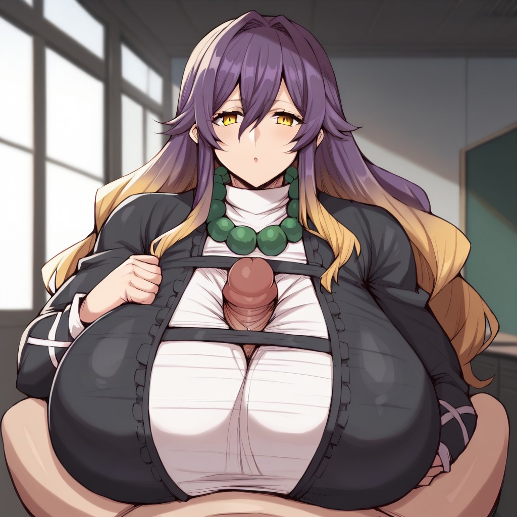 1girls ai_generated bead_necklace beads black_dress blonde_hair breasts_bigger_than_head brown_hair clothed_paizuri cross-laced_clothes gigantic_breasts gradient_hair hijiri_byakuren huge_breasts huge_cock looking_at_viewer male paizuri paizuri_under_clothes penis pov purple_hair touhou two_tone_hair white_dress yellow_eyes