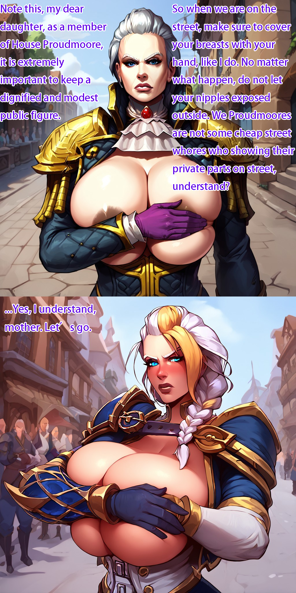 2girls ai_generated big_breasts blush breasts caption covered_nipples covering covering_breasts crowd dialogue huge_breasts human human_(world_of_warcraft) jaina_proudmoore katherine_proudmoore large_breasts modest mother_and_daughter outdoors pony_diffusion_xl stable_diffusion street text warcraft world_of_warcraft