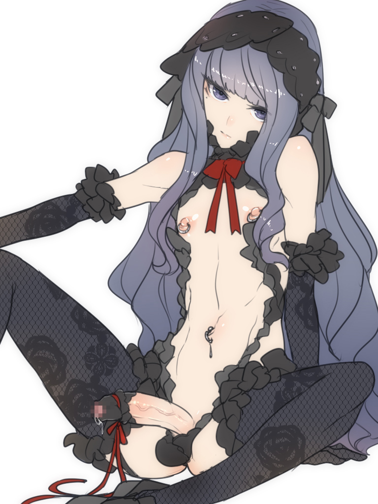 1boy ban censored crossdressing femboy long_hair male male_only nipples penis sitting sock_on_penis solo tagme trap