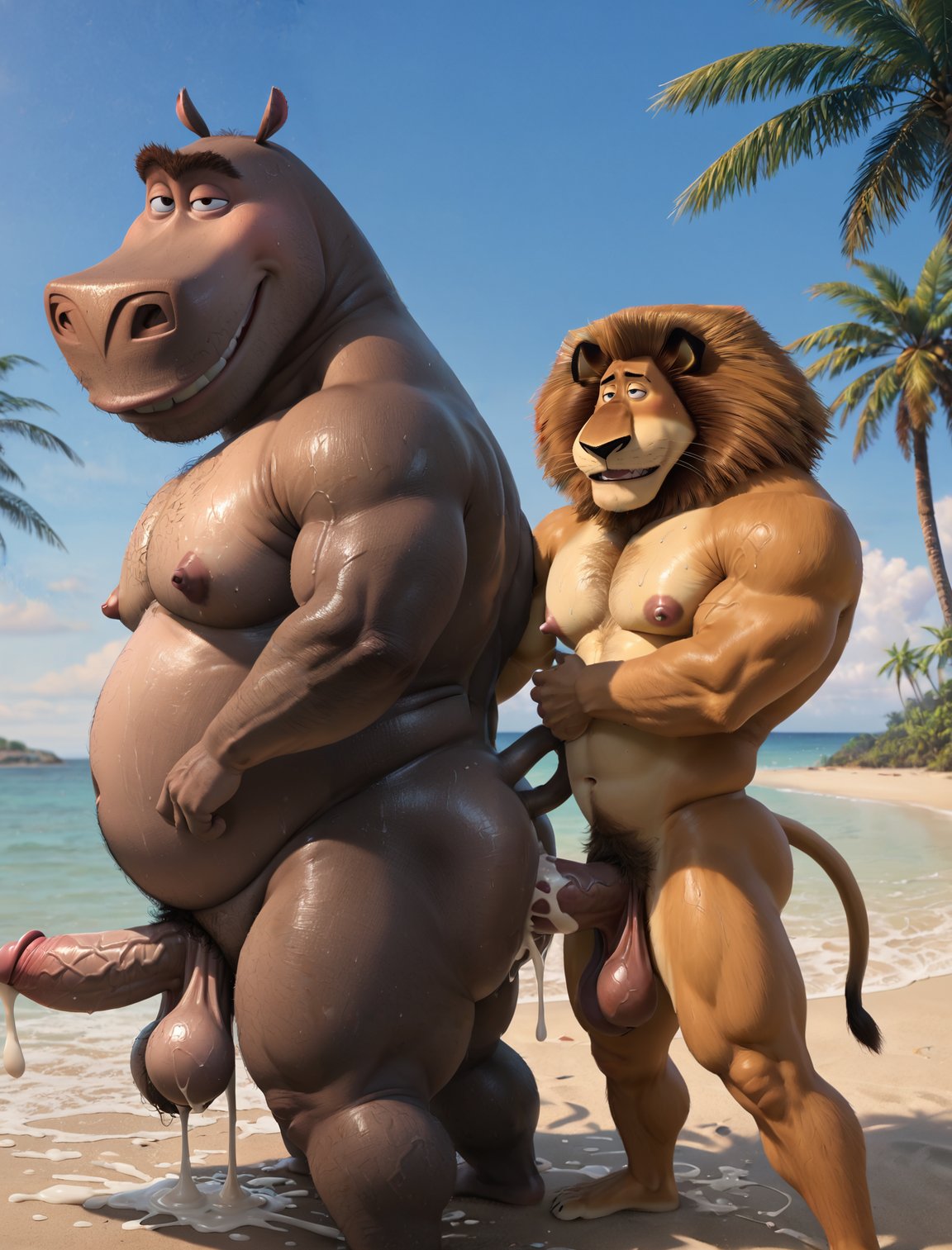 ai_generated alakay_alex anal anal_sex anthro balls big_balls big_penis booster_rex cumming cumming_together daddy dreamworks feline gay gray_body hippo hippopotamus lion madagascar_(series) madagascar_escape_2_africa male male/male moto_moto muscular muscular_anthro muscular_male paramount_pictures penis yaoi yellow_fur yiff