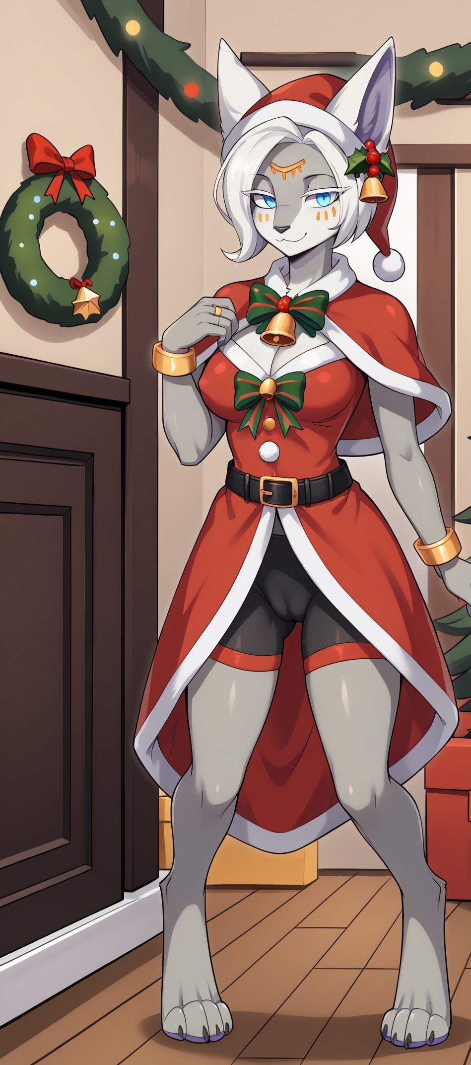 1girls 2024 ai_generated anthro bell blue_eyes bow_ribbon bracelet cameltoe christmas christmas_outfit cleavage cyan_eyes digitigrade ear_piercing female female_only gold_jewelry grey_body hi_res holidays indoors looking_at_viewer mineru nintendo nipple_bulge santa_costume santa_hat short_hair shorts smile the_legend_of_zelda the_legend_of_zelda:_tears_of_the_kingdom white_hair zonai