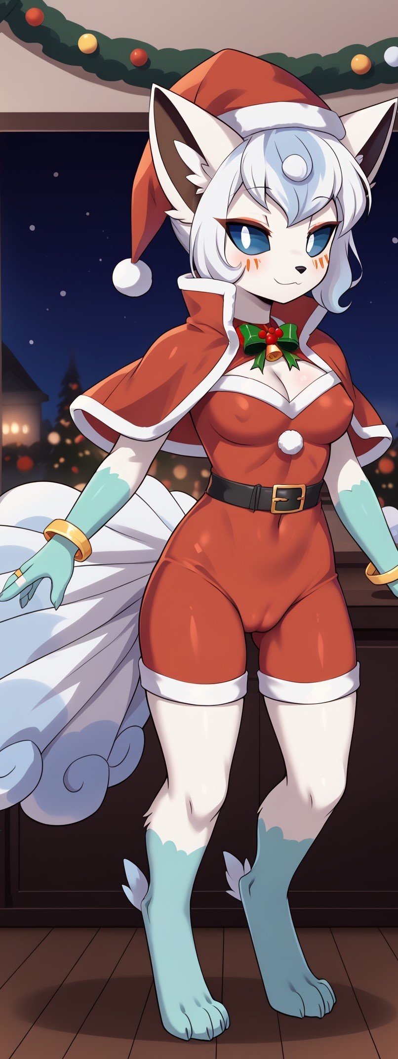 1girls 2024 ai_generated alolan_vulpix anthro bell blue_eyes bracelet cameltoe canine christmas christmas_outfit christmas_tree cleavage digitigrade face_paint female female_only fox generation_1_pokemon generation_7_pokemon gold_jewelry hi_res holidays indoors inner_ear_fluff looking_at_viewer multiple_tails nintendo nipple_bulge pokemon pokemon_(species) regional_form_(pokemon) santa_costume santa_hat short_hair smile snowing white_fur