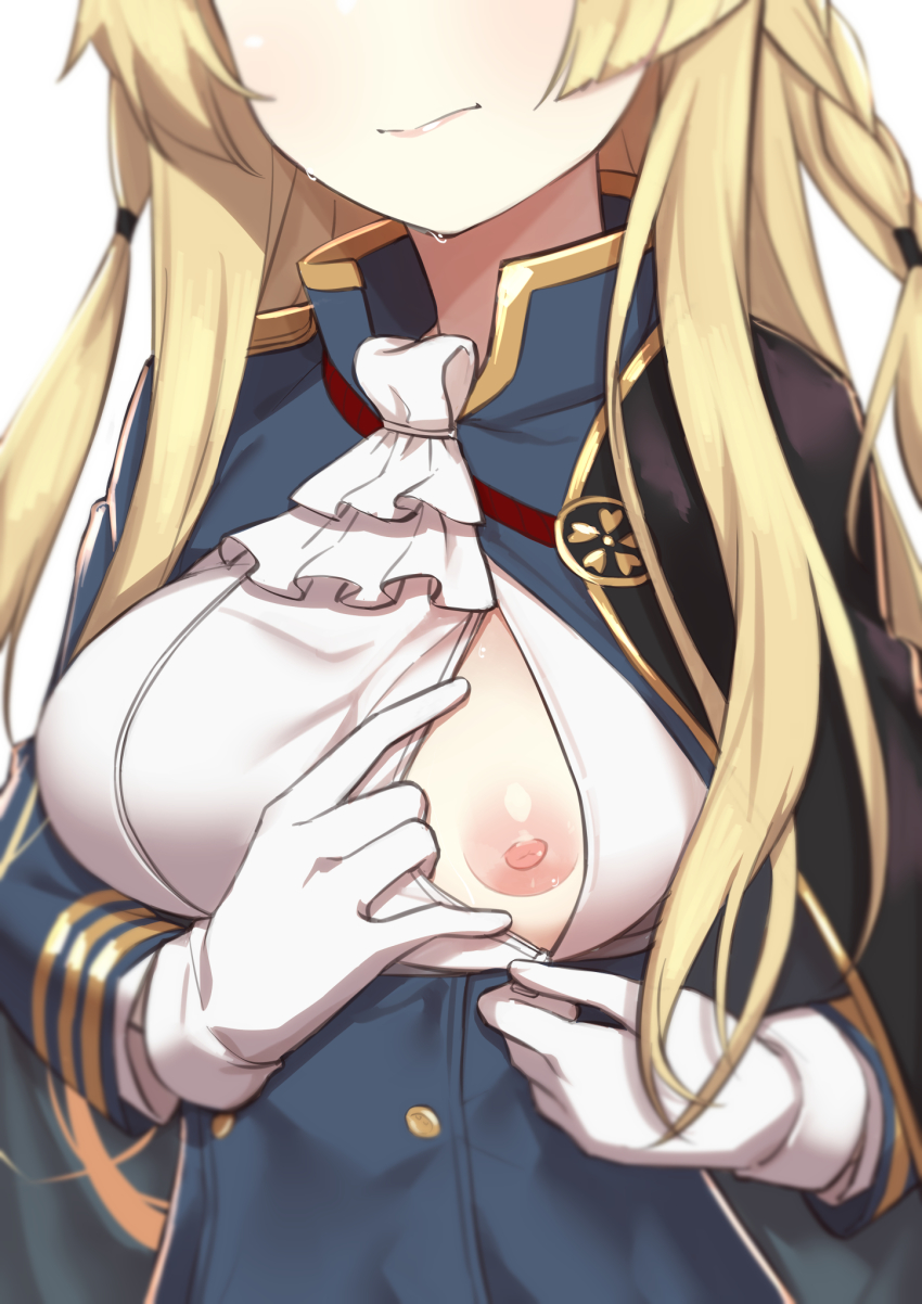 azur_lane blonde_hair eyes_out_of_frame female gloves highres kongou_(azur_lane) large_breasts long_hair morisobo nipples no_bra one_breast_out simple_background solo white_background