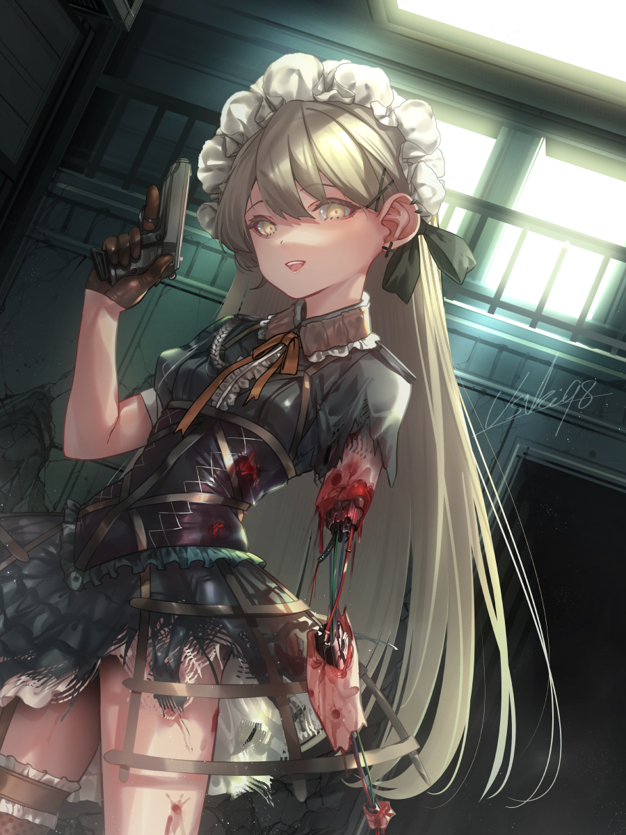 android black_bow black_dress black_gloves blonde_hair blood bow cable cowboy_shot damaged dress dutch_angle ear_piercing earrings english_commentary female girls'_frontline gloves gun guro hairbow handgun highres holding holding_gun holding_weapon hoop_skirt jewelry looking_at_viewer maid_headdress open_mouth orange_bow piercing ppk_(girls'_frontline) smile solo teeth torn_clothes torn_dress upper_teeth_only usuki_(graygreed) walther walther_ppk weapon white_headdress yellow_eyes