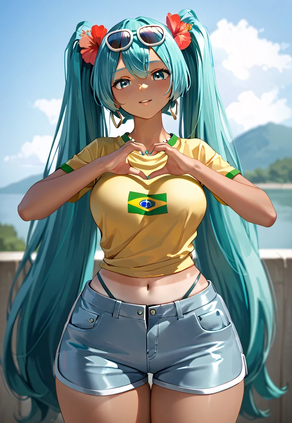 ai_generated athletic_female bare_legs beach big_breasts blue_eyes blue_hair brazilian_flag brazilian_miku endynghi flower_in_hair hatsune_miku heart_fingers huge_breasts huge_thighs long_hair looking_at_viewer massive_breasts short_shorts solo_female squatting sunglasses sunglasses_on_head sweat sweatdrop t-shirt tan-skinned_female tan_body tanned_female tanned_skin thick_thighs thighs twintails very_long_hair vocaloid voluptuous voluptuous_female