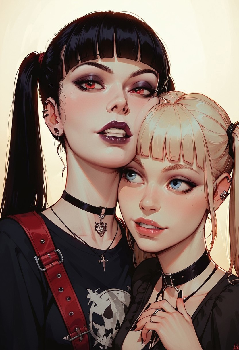 2girls ai_generated cheek_press domination goth goth_milf goth_mommy servant slave vampire