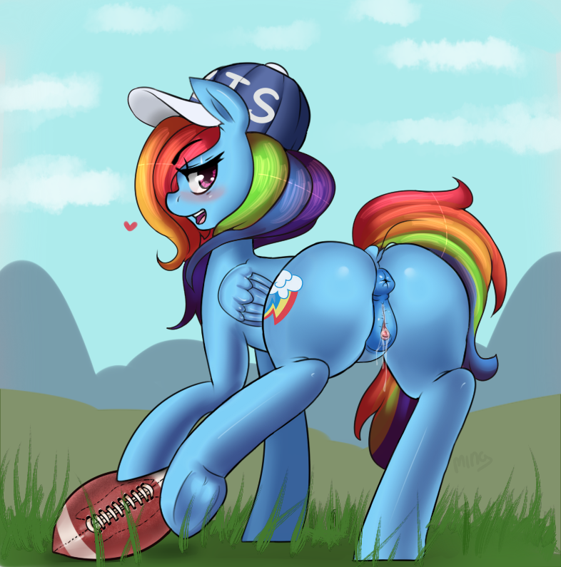 2015 anus ass blush cutie_mark equine female feral football_(american) friendship_is_magic grass hair hat heart long_hair looking_at_viewer mammal mingamia multicolored_hair my_little_pony outside pegasus purple_eyes pussy pussy_juice rainbow_dash_(mlp) rainbow_hair solo wings