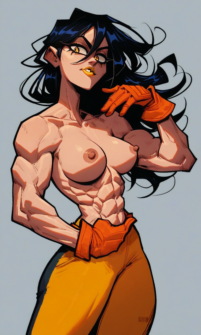 1girls abs ai_generated black_hair gloves heroine kosine1777 long_hair muscular_female orange_gloves original original_character pants superheroine toned_abs toned_female topless topless_female wavy_hair yellow_eyes yellow_lipstick yellow_pants