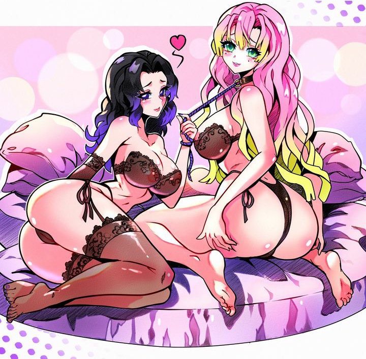 2girls ass bed black_hair collar demon_slayer feet female female_only hfxpins kanroji_mitsuri kimetsu_no_yaiba kochou_shinobu leash leash_and_collar lesbian lingerie multiple_girls pillows pink_hair red_lingerie stockings toes yuri