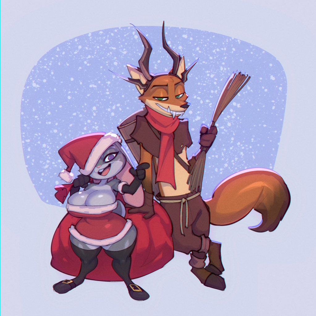 1boy 1girls 2024 anthro barefoot big_breasts bigdad blue_background breasts canine christmas christmas_clothing christmas_outfit cleavage clothed clothing darnact disney female fox furry gloves gray_fur green_eyes grey_fur hat_over_one_eye judy_hopps long_gloves male nick_wilde orange_fur purple_eyes rabbit reindeer_costume santa_costume santa_hat shortstack snow thick_thighs thighhighs thighs wide_hips zootopia