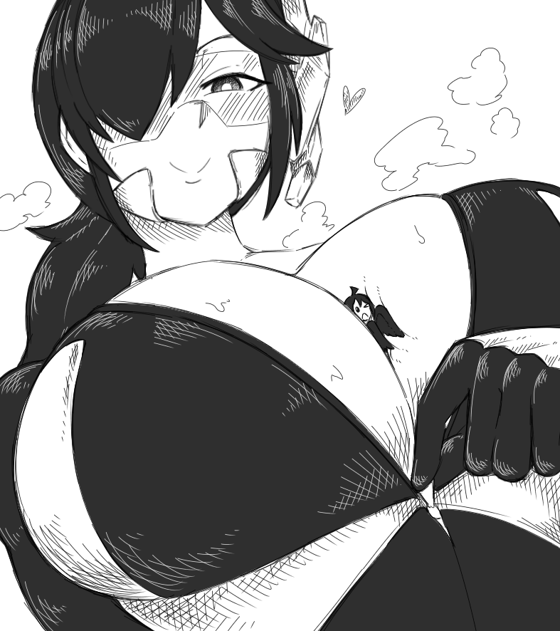 1boy 1girls bikini_top black_and_white bodysuit female female_focus giantess gtstamago hair_over_one_eye harpy harpy_boy huge_breasts julie_(ravionstuff) monochrome rav_(ravionstuff) smile sweaty tagme wings zipper zipper_down