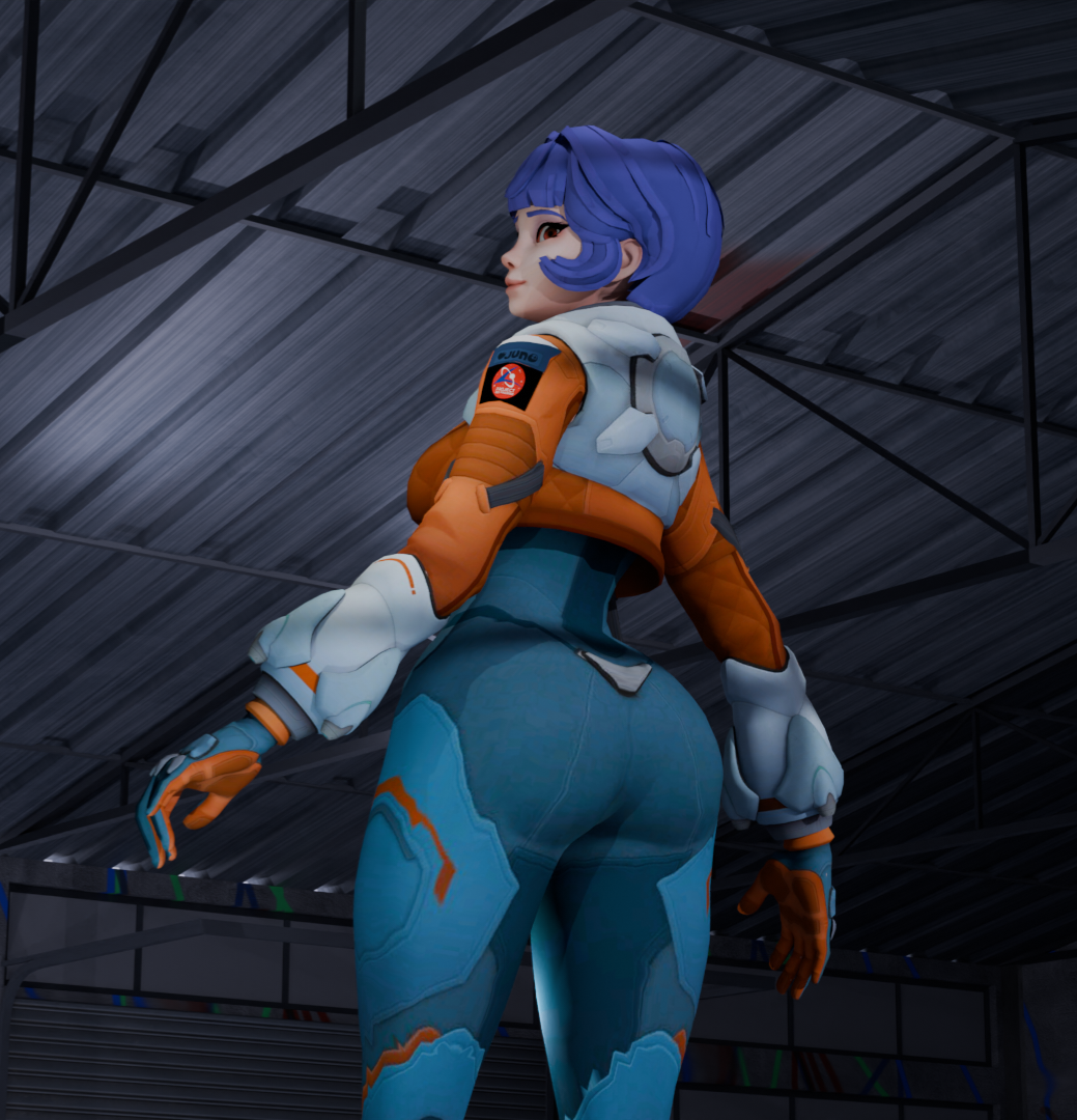 3d big_ass big_butt blender blizzard_entertainment booty grin isquashyou juno_(overwatch) looking_at_viewer looking_back overwatch purple_hair red_eyes smile smiling solo