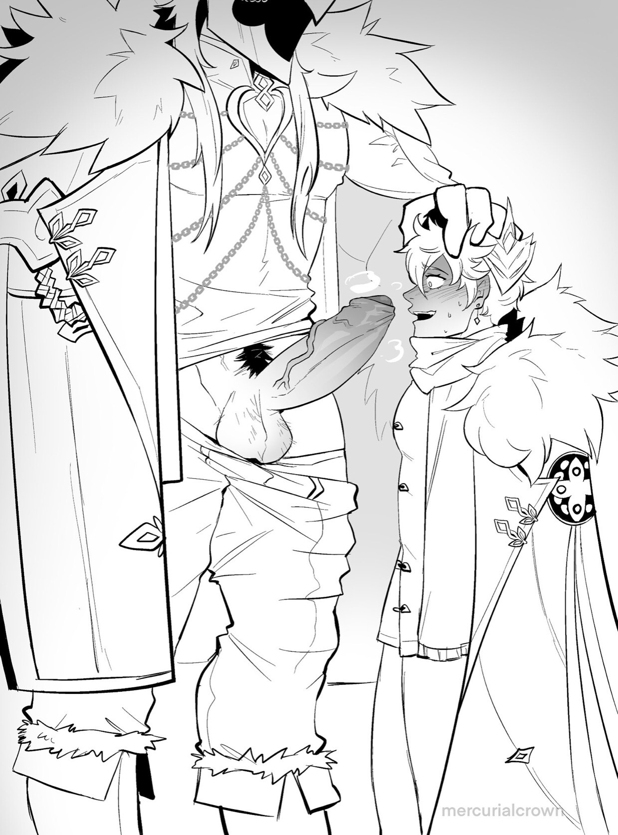 2boys, bara, big penis, capitano (genshin impact), childe (genshin impact), dick, gay, genshin impact, hand on head, imminent oral, male, male only, male/male, muscular, nervous, penis, size difference, tartaglia (genshin impact), veiny penis, yaoi