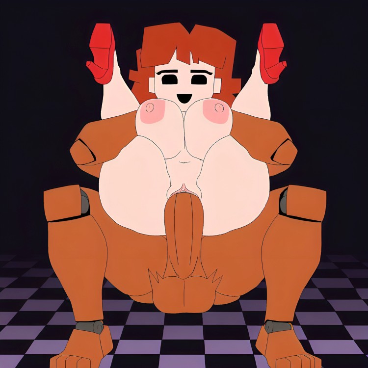 :d, ai generated, animatronic, auburn hair, big breasts, black eyes, breasts, brown fur, crossover, curvy, dark background, demon girl, female, female focus, five nights at freddy's, freddy (fnaf), freddy fazbear, friday night funkin, full nelson, furry, furry male, girlfriend (friday night funkin), heels, male, naked, nude, pixai, pizzeria, red heels, robot boy, robot joints, sex, shortstack, thick thighs, tile floor