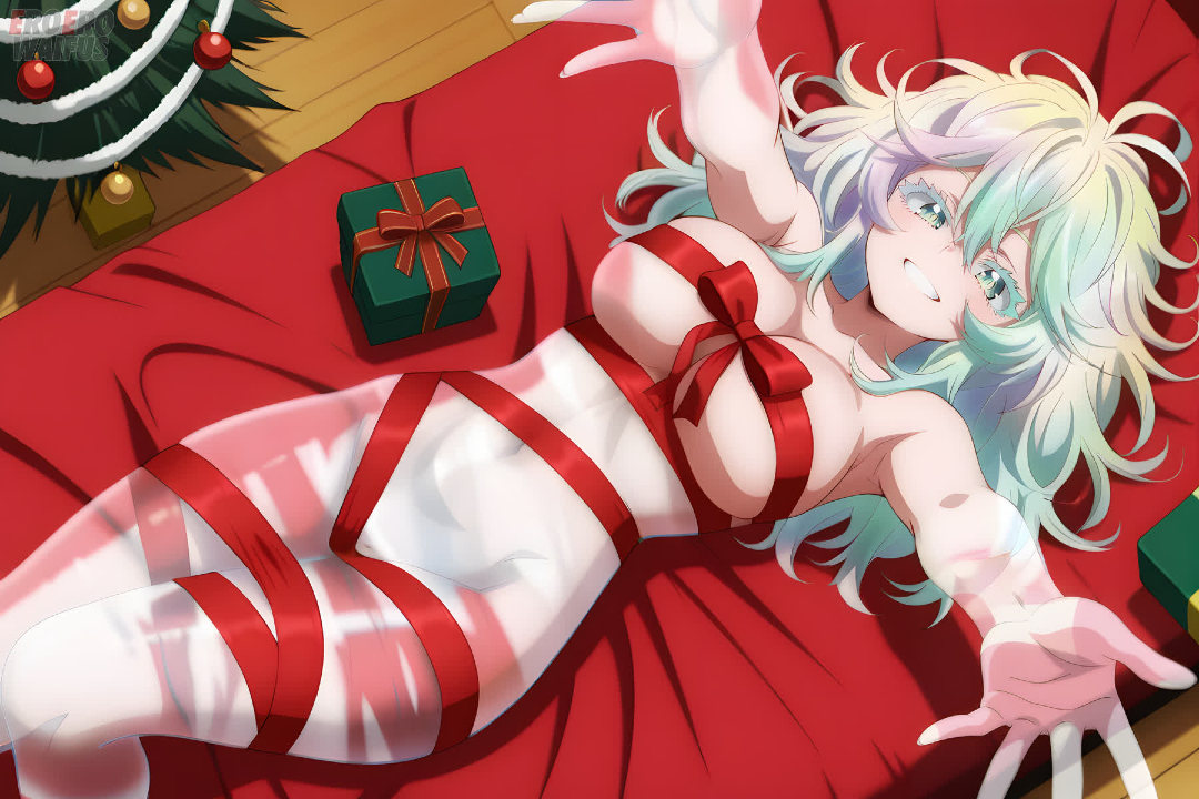ai generated, bare thighs, big breasts, boku no hero academia, christmas, eroero waifus, gift wrapped, green eyes, huge breasts, huge thighs, light skin, light-skinned female, long hair, looking at viewer, massive breasts, multicolored hair, my hero academia, smiling, solo female, squatting, sweat, sweatdrop, thick body, thick female, thick thighs, thighs, tooru hagakure, tooru hagakure (visible), voluptuous, voluptuous female, wrapped