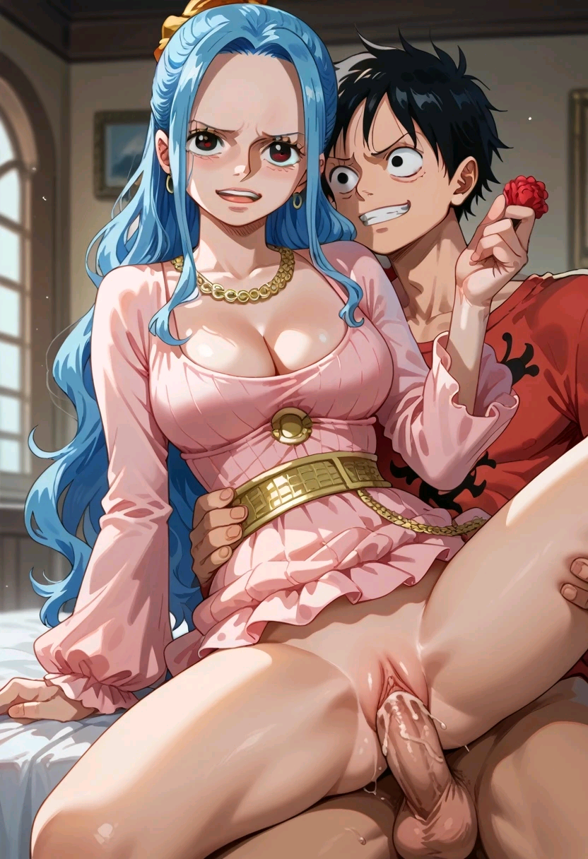 1boy, 1girl, ai_generated black_eyes, black_hair, blue_hair, blush, bottomless, breasts, cleavage, clitoris, clothed_sex, collarbone, cum, cum_in_pussy, dress, earrings, female girl_on_top, grin, heart-shaped_pupils, hetero, holding, holding_condom, indoors, jewelry, large_breasts, long_hair, long_sleeves, looking_at_another, looking_at_viewer, male monkey_d_luffy necklace, nefertari_vivi one_piece open_mouth, penis, pink_dress, pussy, scar, scar_on_face, sex, shirt, short_hair, smile, spread_legs, straddling, symbol-shaped_pupils teeth, testicles, thighs, trewg001 uncensored, vaginal, window,