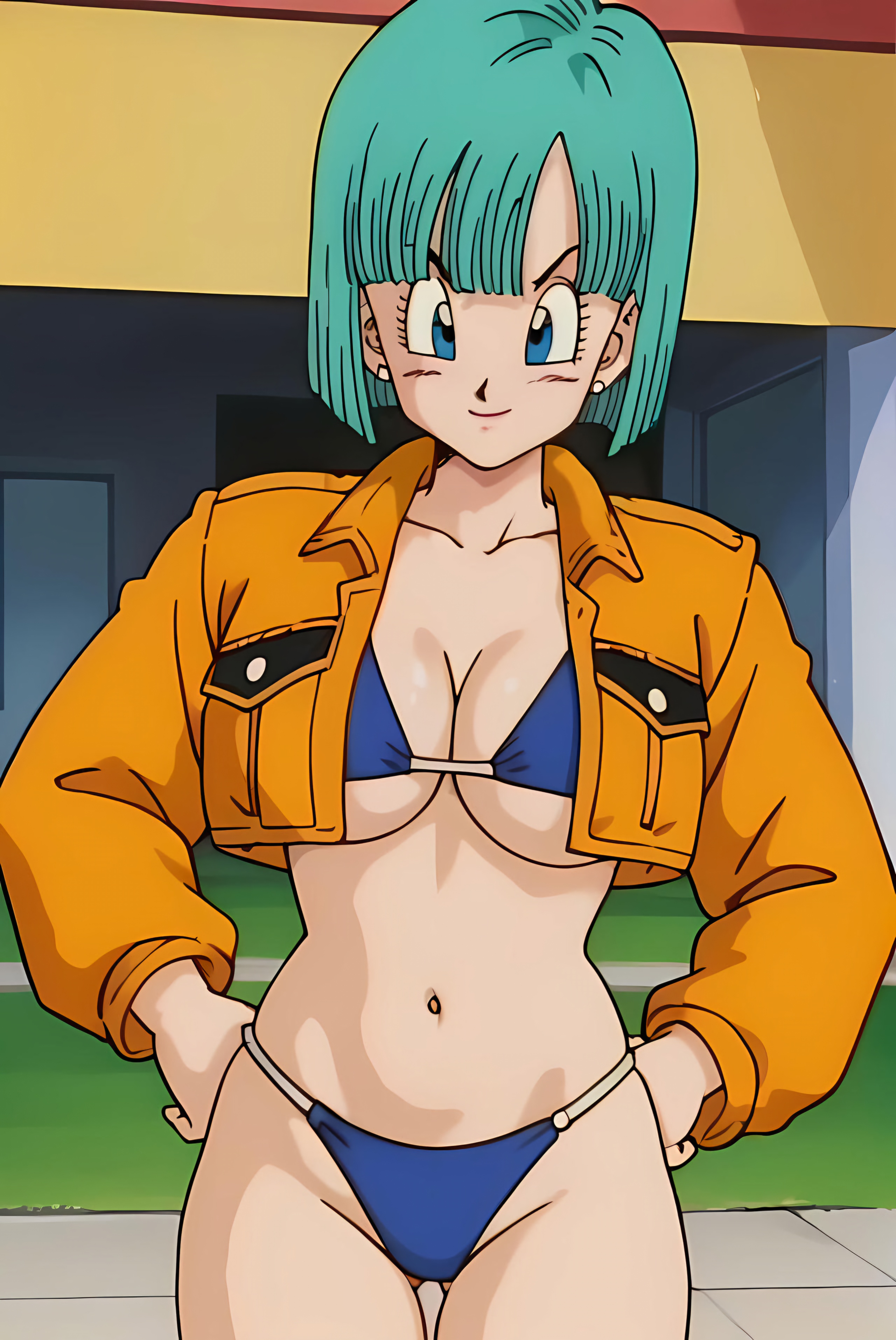 accurate art style, ai generated, bikini, bulma briefs, dragon ball, dragon ball z, ecchitoday, female, retro artstyle, simple background