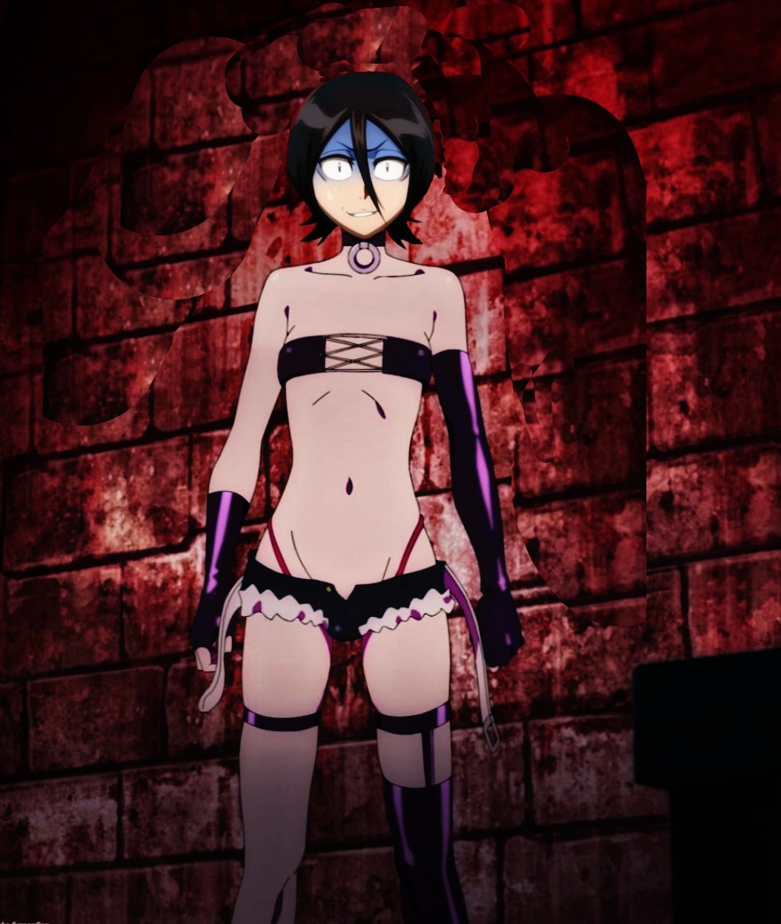 1girls almost_naked aqua051 bdsm_outfit black_eyes black_hair bleach bondage breasts clothing gloves gloves_only human indoors kuchiki_rukia legs legwear looking_at_viewer necklace purple_clothing purple_gloves shocked shocked_expression short_hair slut slutty_outfit small_breasts smile smiley_face solo solo_female solo_focus standing thighs underwear white_body whore