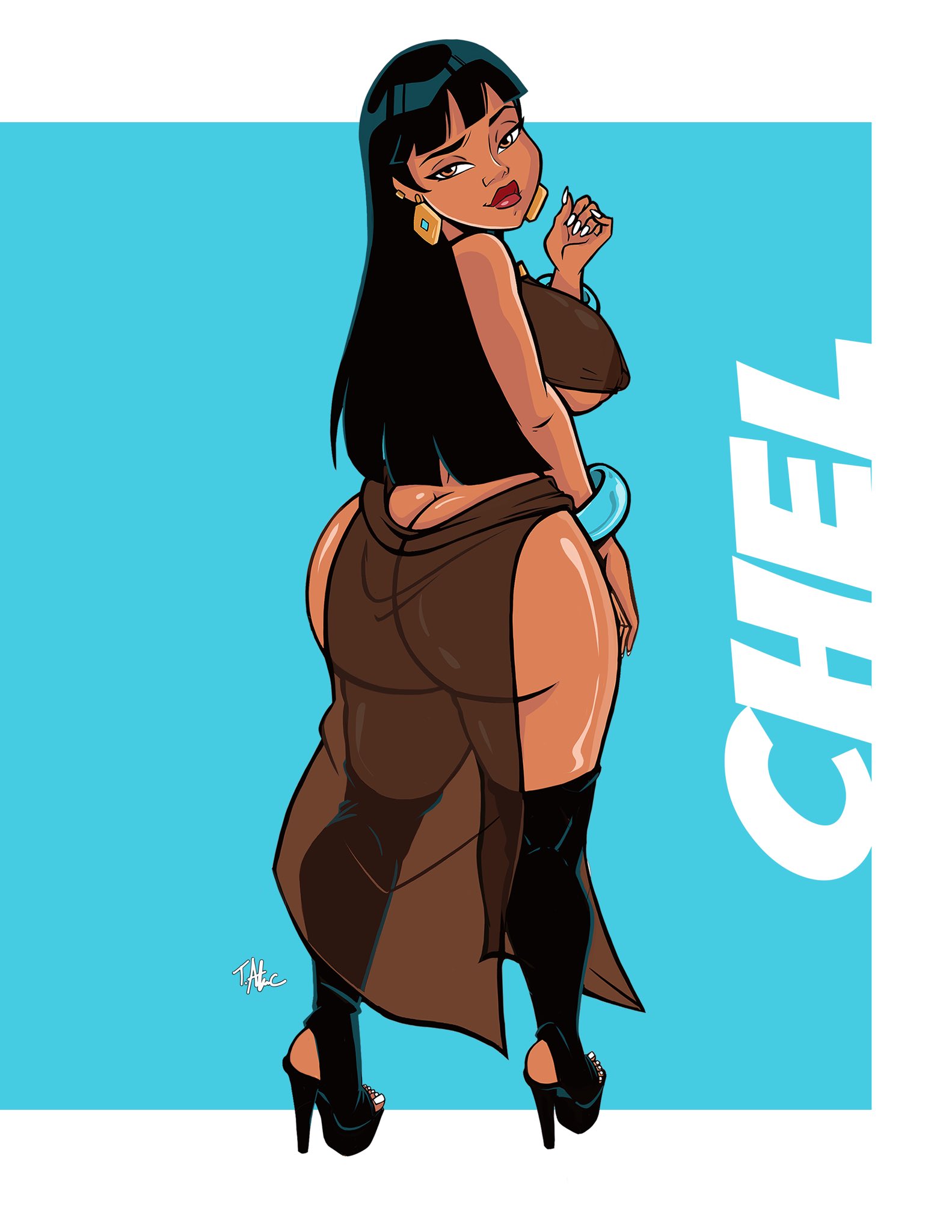 1girls, ass, big ass, big breasts, black hair, breasts, brown eyes, bubble butt, chel, dark skin, dark-skinned female, dreamworks, earrings, female, female only, high heels, huge ass, large breasts, native american, nipples, nipples visible through clothing, presenting hindquarters, solo, terryalec, the road to el dorado, thick thighs, wide hips