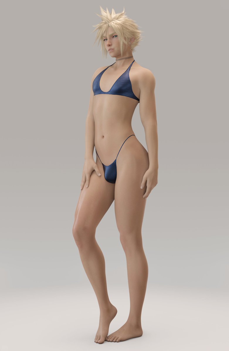 1boy, 3d, 3d (artwork), barefoot, bikini, blonde hair, blue bikini, blue eyes, bulge, choker, cloud strife, embercock, emberstock, feet, femboy, feminine male, final fantasy, final fantasy vii, final fantasy vii remake, looking at viewer, male, male only, posing, posing for the viewer, sissy, small bulge, solo, solo male, spiked hair, square enix, swimwear, white background