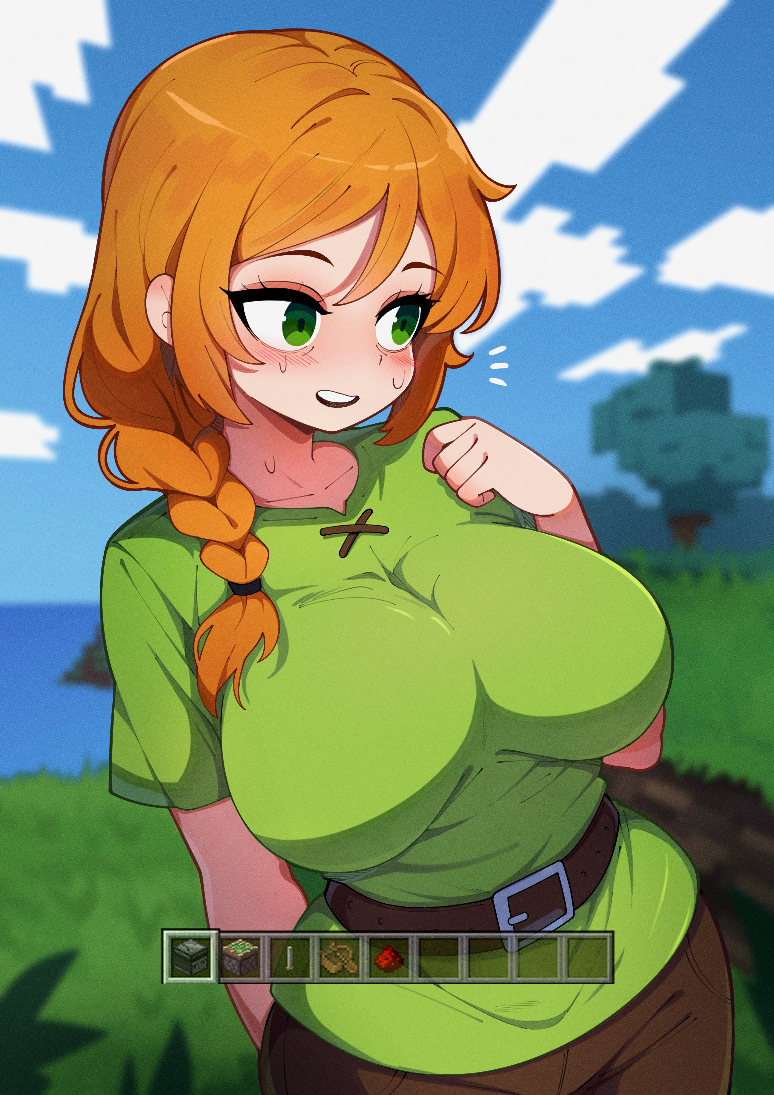 1girls, alex (minecraft), belt, big breasts, blurry, blush, braid, breasts, brown belt, building, depth of field, female, female only, ghelber0, grass, green eyes, hair over shoulder, huge breasts, long hair, minecraft, outdoors, pants, shirt, smile, solo, sweat