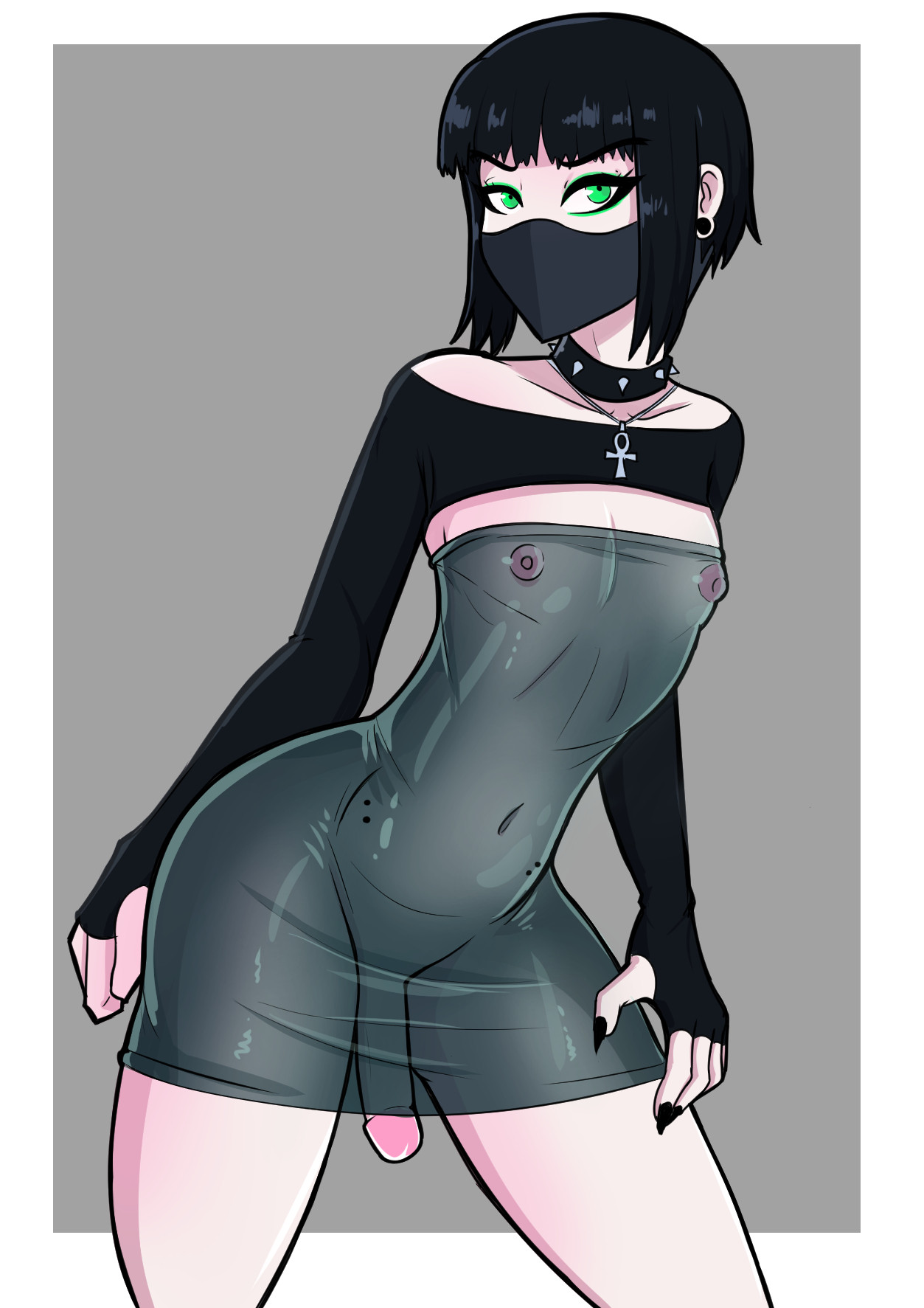 1boy, 1femboy, 2025, aleister (lavey otokonoko), ankh necklace, bangs, black hair, black nail polish, black nails, blunt bangs, bottomless, collar, ear piercing, eyeliner, eyeshadow, facemask, femboy, femboy focus, femboy only, fingerless gloves, green eyeliner, green eyes, green eyeshadow, hair strand, lavey-otokonoko, makeup, male, male focus, male only, nail polish, nipples, original, penis, see-through clothing, sharp fingernails, solo, solo femboy, solo focus, solo male, spiked collar, stomach piercing