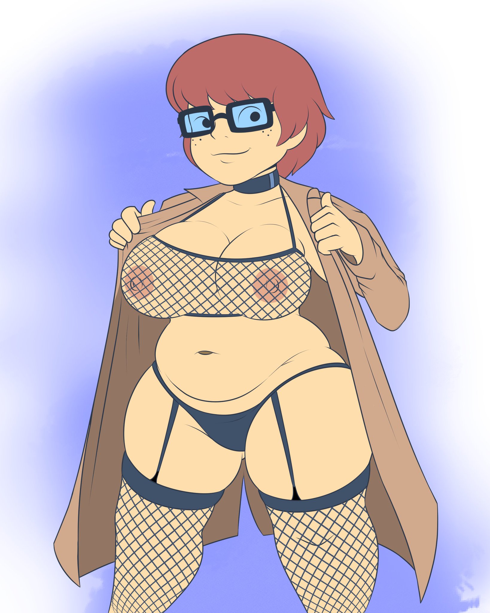 1girls, breasts, brown hair, choker, chubby, chubby female, clothing, coat, commission, fat, fat belly, fat female, female, female only, fishnet legwear, fishnet stockings, fishnets, freckles, garter straps, glasses, human, human only, legwear, light skin, light-skinned female, looking at viewer, mammal, mature, mature female, milf, nipples, nipples visible through clothing, overweight, overweight female, scooby-doo, short hair, smiling, smiling at viewer, stockings, teenagebratwurst, trenchcoat, velma dinkley