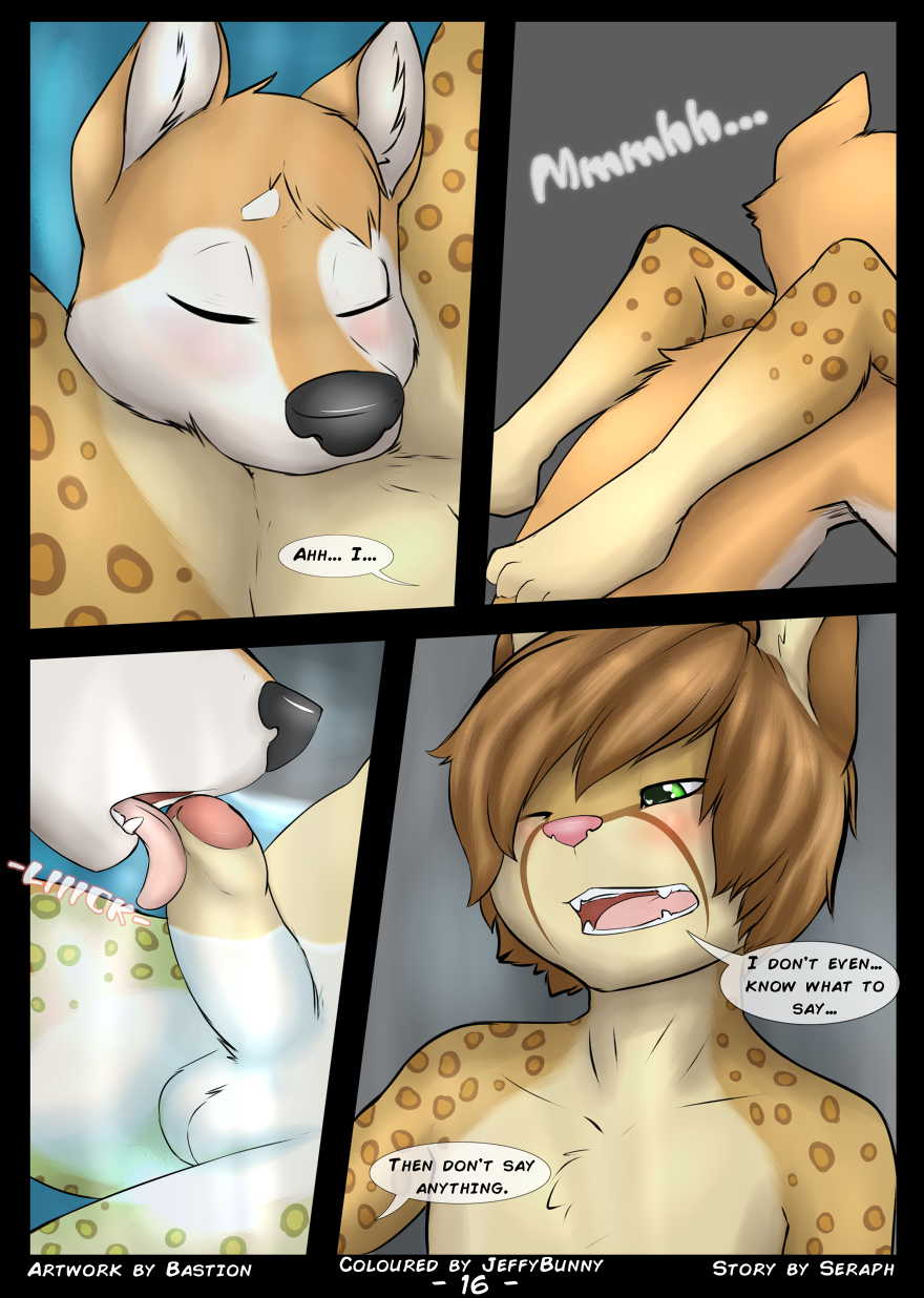 2015 akita anthro balls balls_deep bastion blush brown_hair canine canine closed_eyes cody_(bastion) comic deep_throat dialogue duo english_text erection ethan_(bastion) feline fellatio gay green_eyes hair humanoid_penis jeffybunny_(artist) legs_up licking looking_pleasured male mammal ocelot one_eye_closed open_mouth oral partially_submerged penetration penis sex spots text tongue tongue_out uncut water