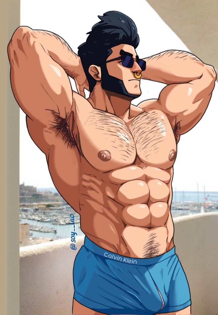 armpit, armpit hair, armpits, bara, brawl stars, bulge, bull (brawl stars), flaccid, flexing, flexing arms, gay, hairy, male only, pecs, shirtless, solo, solo male, underwear