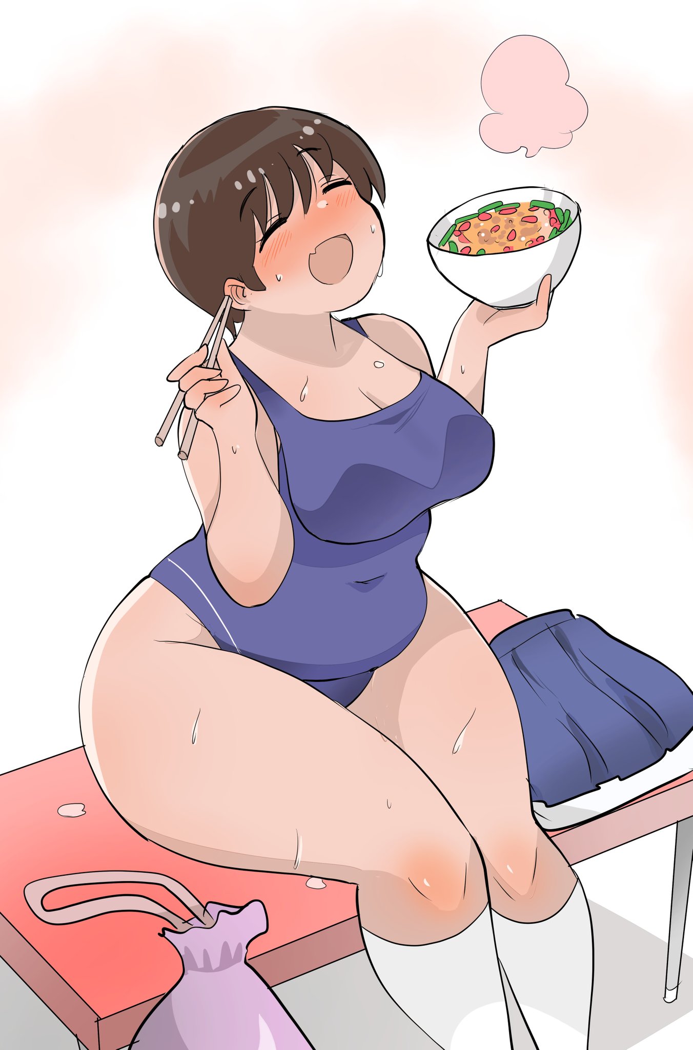 bag, bench, blue one-piece swimsuit, blush, bowl, breasts, brown hair, chopsticks, cleavage, closed eyes, covered navel, eating, female, food, foodgasm, holding, holding bowl, holding chopsticks, medium breasts, noodles, oerba yun fang, one-piece swimsuit, open mouth, original, plump, ramen, short hair, sitting, skin fang, skirt, socks, solo, soup, sweat, swimsuit, thick thighs, thighs, toyishiki shizuoka, unworn skirt, white background, white socks, wide hips
