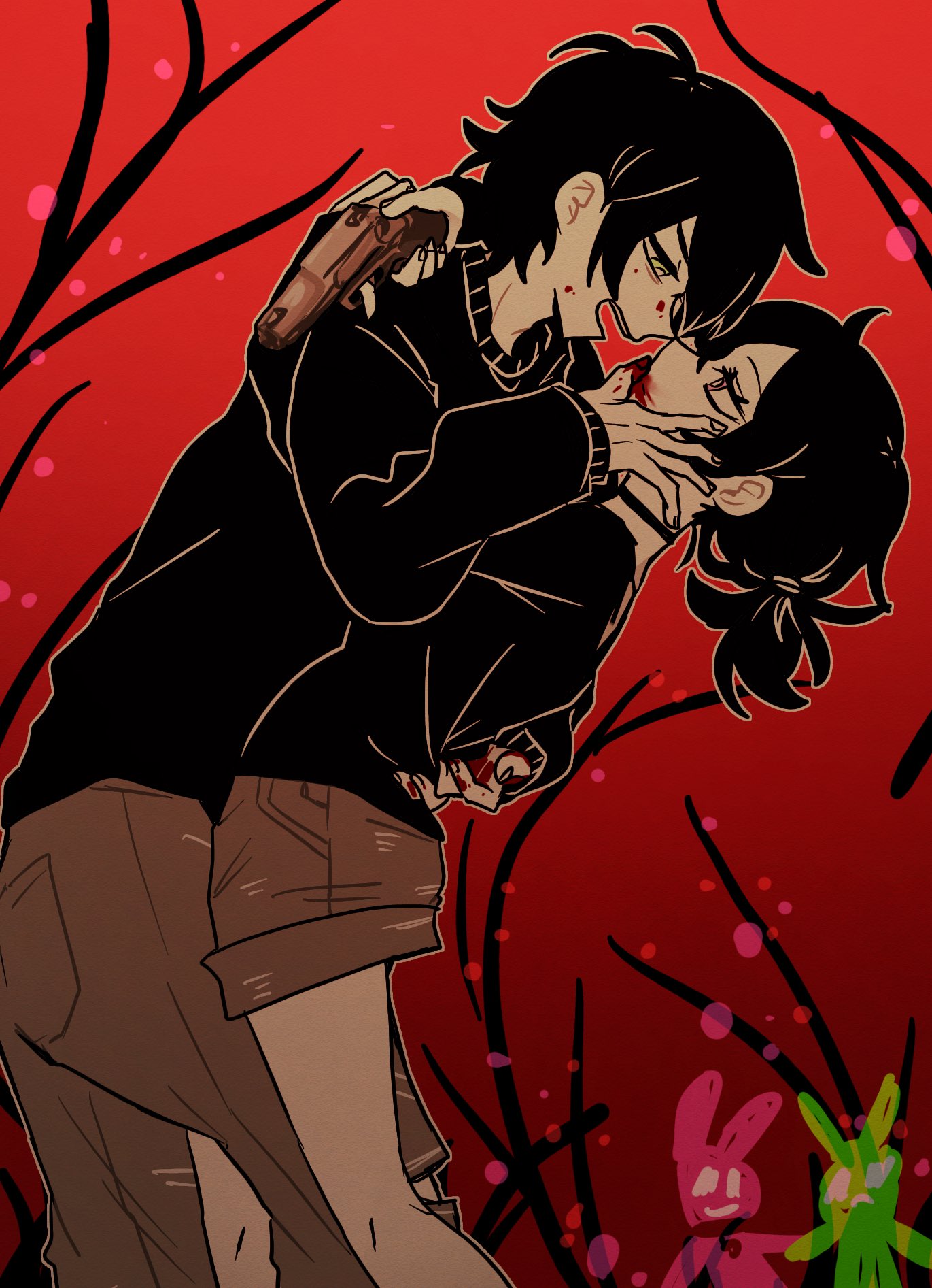 1boy, 1boy1girl, 1girl1boy, absurd res, ahoge, andrew graves, ashley graves, black choker, black hair, blood from mouth, blood on body, blood on face, blood on hand, choker, face grab, female, gun, hair, hair tie, imminent sex, incest, kissing, male, pistol, red background, smile, the coffin of andy and leyley, tsundere, weapon, yandere, yanincest
