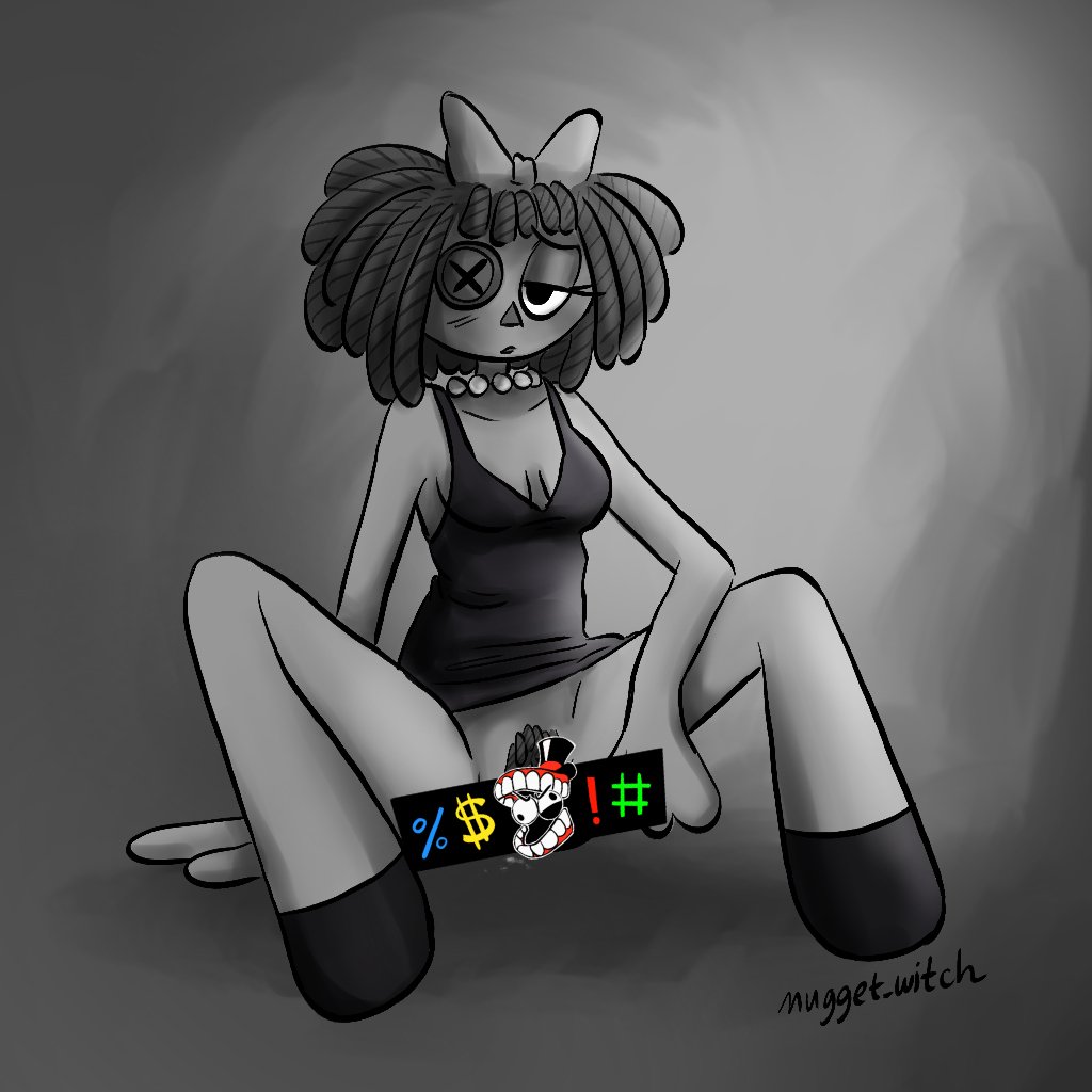 2025, black and white, black dress, blush, bottomless, bow, button eye, censored, censored pussy, cleavage, doll, glitch productions, gooseworx, hand on floor, hand on leg, no panties, nugget witch, pearl necklace, pubic hair, pussy, pussy out, ragatha, ragatha (pub outfit), ragatha (tadc), ragatha (the amazing digital circus), ragdoll, spread legs, tagme, the amazing digital circus