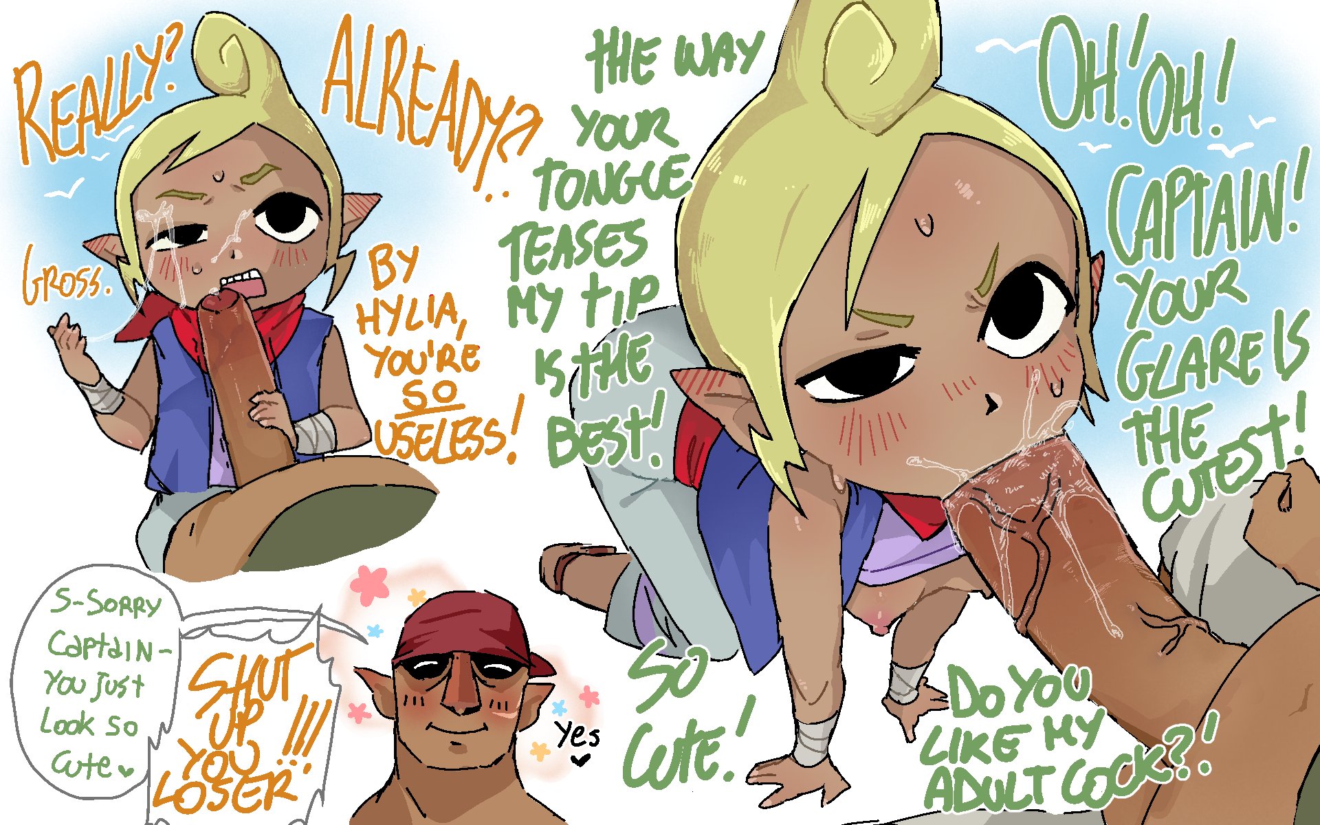 1boy, 1girls, all fours, blonde hair, blush, clothed female nude male, cum, cum on face, dialogue, fellatio, female, gonzo (wind waker), handjob, male, melonpan, nintendo, oral, pirate, pointy ears, tetra, text, the legend of zelda, wind waker