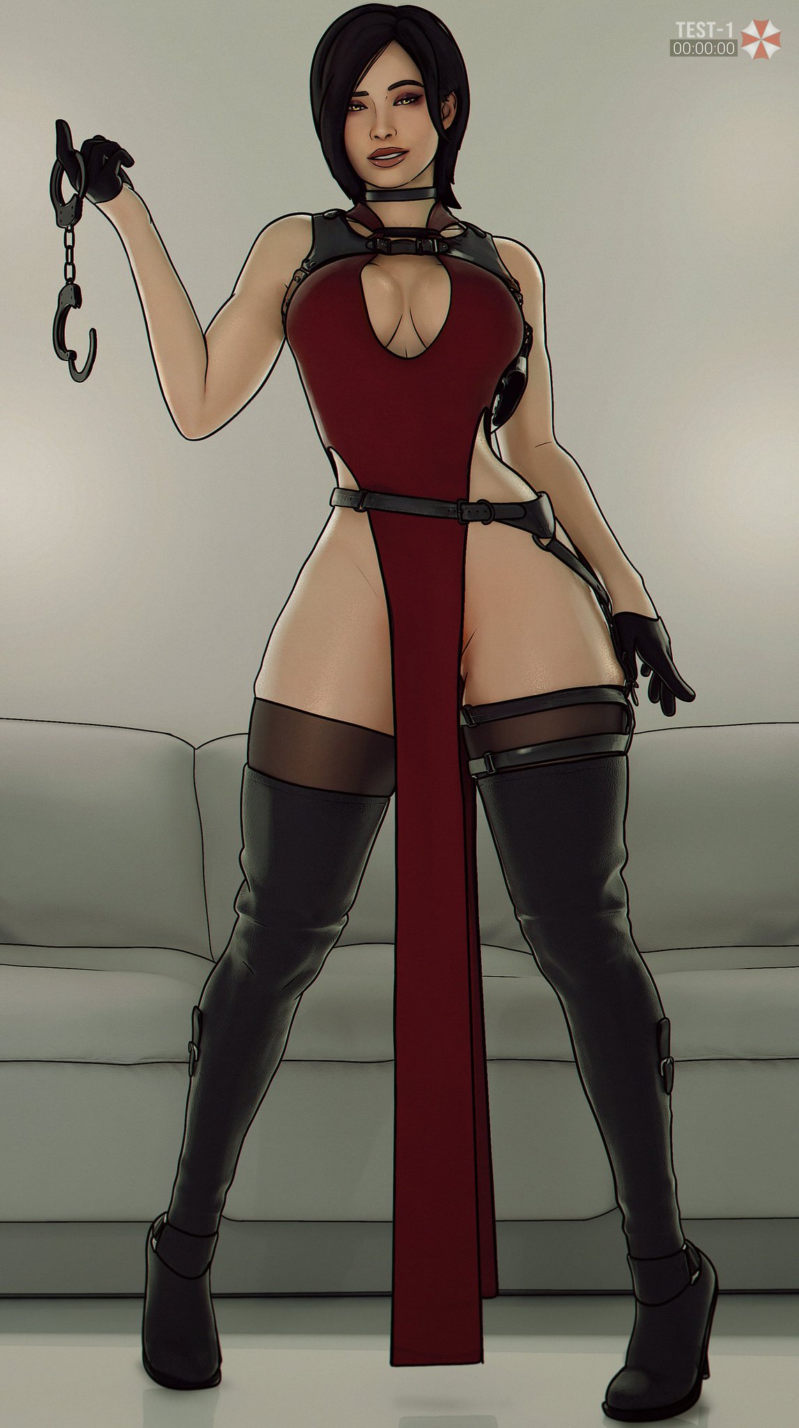 1girls, 3d, 3d (artwork), 3d model, 3d render, ada wong, amber eyes, asian, asian bimbo, asian female, ass, background, belt, big ass, big breasts, black choker, black gloves, black hair, black nails, bob cut, boob window, breasts, capcom, chinese, chinese female, choker, cleavage, clothed, clothed female, clothes, clothing, cuffs, curvaceous, curvy, curvy female, curvy figure, detailed background, dominant, dominant female, double slit dress, eyebrows, eyeliner, female, female focus, female only, fit, fit female, gloves, going commando, gun holster, handcuffs, high heel boots, high heeled boots, high heels, highres, holster, implied nopan, indoors, large breasts, leather, leather boots, light skin, light-skinned female, long legs, looking at camera, nails, nails painted, no bra, no panties, no panties under dress, no underwear, nylon stockings, nylons, painted nails, pelvic curtain, presenting to viewer, recorded, recording, recording video, red dress, reflection, resident evil, resident evil 4, resident evil 4 remake, revealing, revealing clothes, seductive, seductive eyes, seductive look, seductive pose, sexy, sexy pose, sfrinzy, sideless outfit, skimpy, skimpy clothes, slim waist, smile, smiling, smiling at viewer, sofa, solo, solo female, solo focus, standing, standing position, tactical belt, tactical gear, thick, thick ass, thick butt, thick thighs, thigh high boots, thigh high heels, thigh highs, thighhighs, thighs, thong, tight clothes, tight clothing, video game character, video games, voluptuous, voluptuous body, voluptuous female, wide hips, wrist cuffs