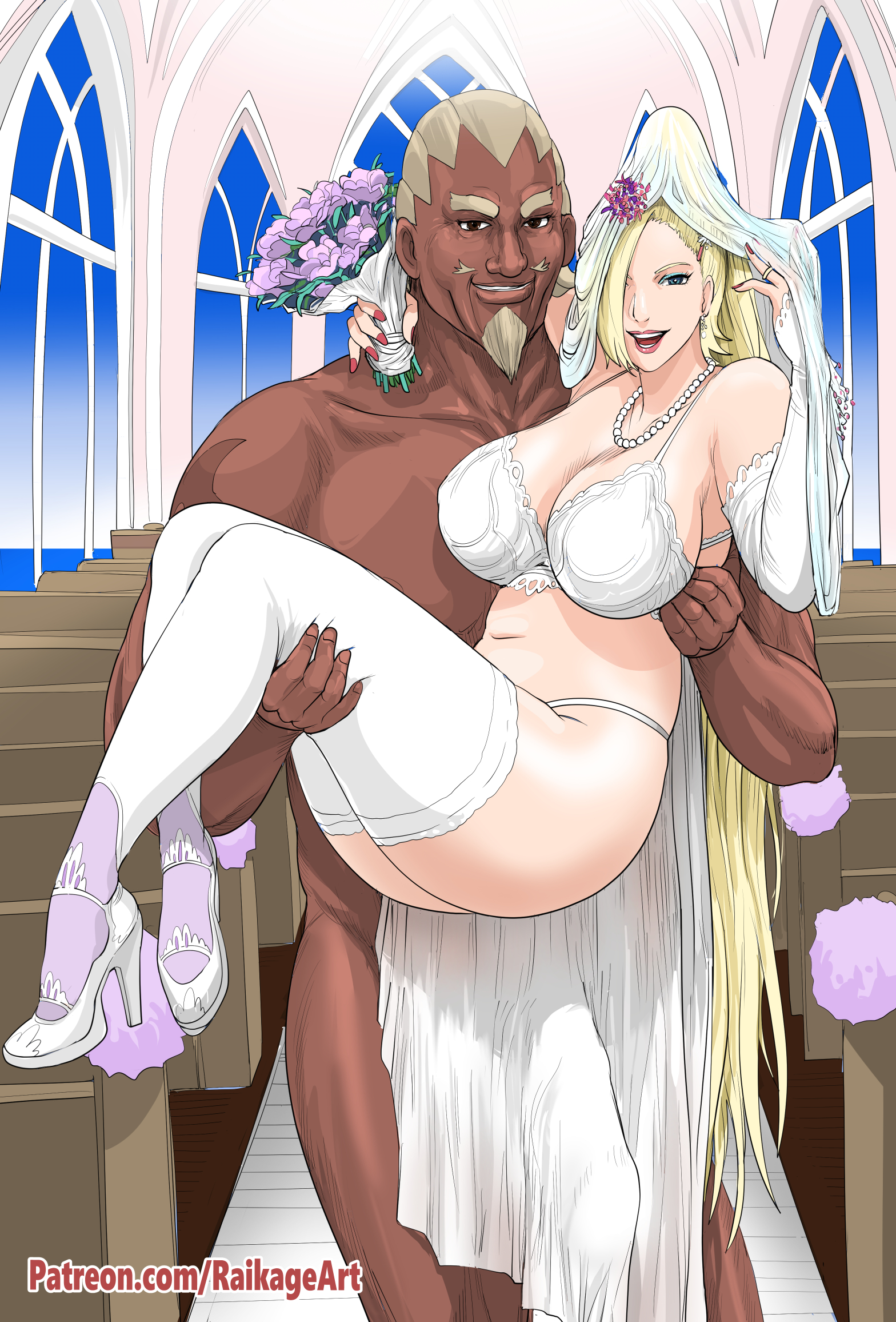 1boy, 1girls, blonde hair, blue eyes, boruto: naruto next generations, bride, cheating, cheating wife, church, cleavage, clothing, curvaceous, curvy, curvy body, curvy female, curvy figure, dark skin, dark-skinned male, dress, female, female focus, hair ornament, heels, high heels, indoors, ino yamanaka, interracial, kneeling, light skin, light-skinned female, looking at viewer, male, married couple, mature, mature female, milf, naruto, naruto (series), no bra, no panties, ntr, oppai, patreon username, princess carry, raikage, raikage art, revealing clothes, romantic, sitting, skimpy, skimpy clothes, smile, stockings, thick thighs, thighs, url, very long hair, voluptuous, web address, wedding, wedding dress, yamanaka ino