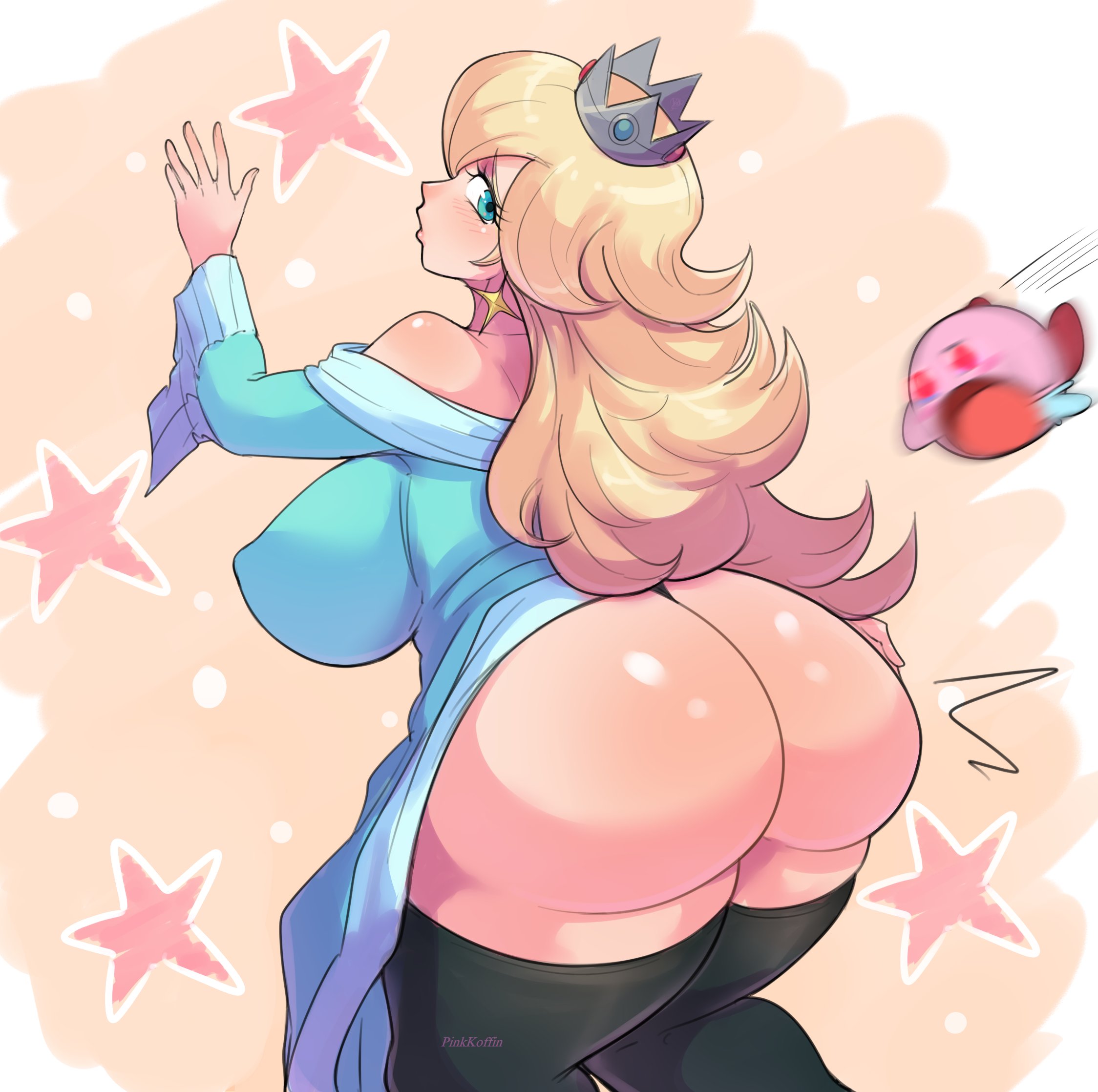 1girls, ass, black leggings, blonde female, blonde hair, blonde hair female, blonde-haired female, blue clothing, blue dress, breasts, crown, dress, drool, earrings, female, kirby, kirby (series), leggings, looking at viewer, looking back, mario (series), nintendo, pinkkoffin, princess rosalina, rear view, solo, upskirt