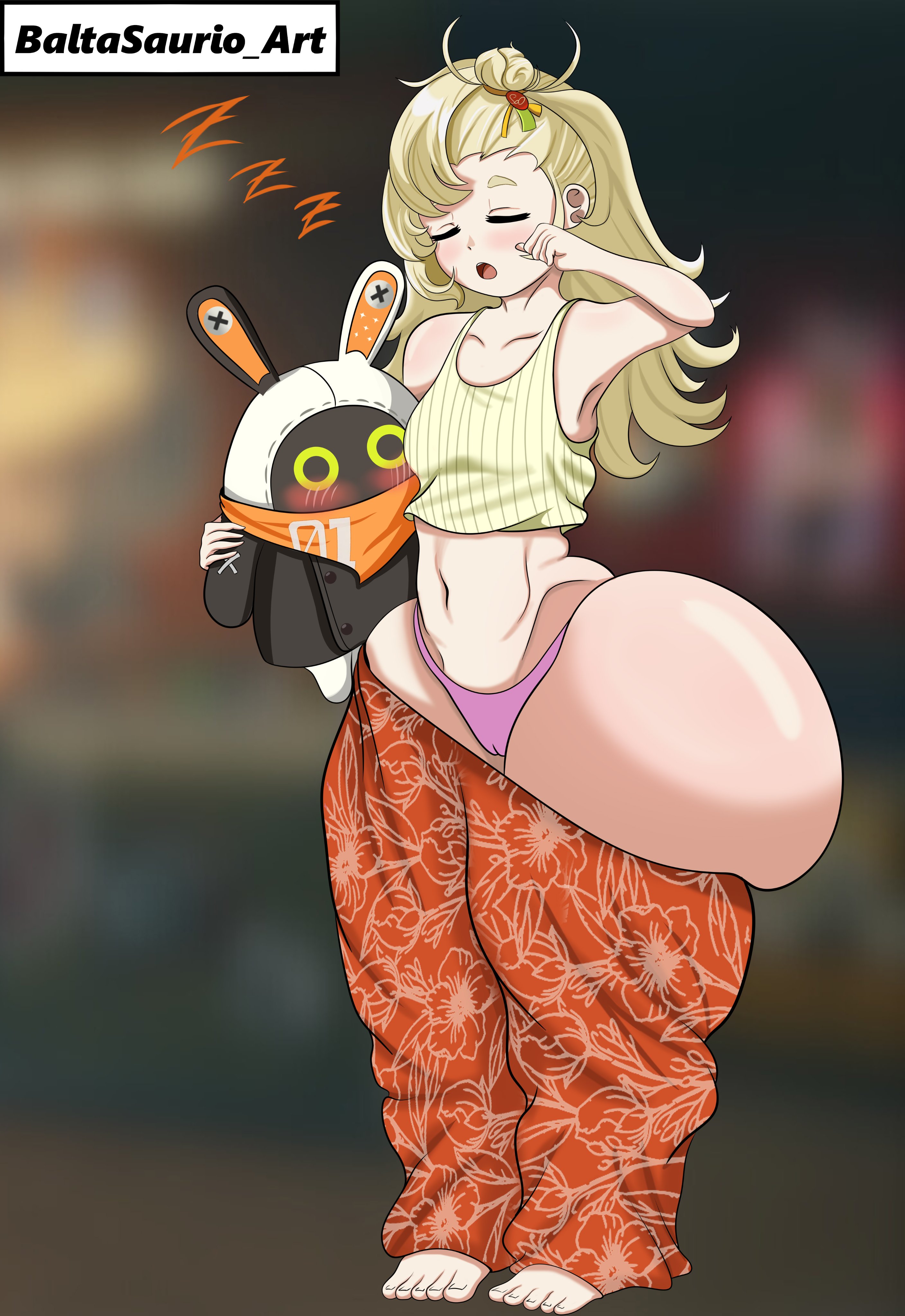 ass, ass body, baltasaurioart, blonde hair, bottom heavy, female, hoyoverse, huge ass, mihoyo, pajamas, piper wheel, rubbing eyes, sleepy, text, yawn, yawning, zenless zone zero