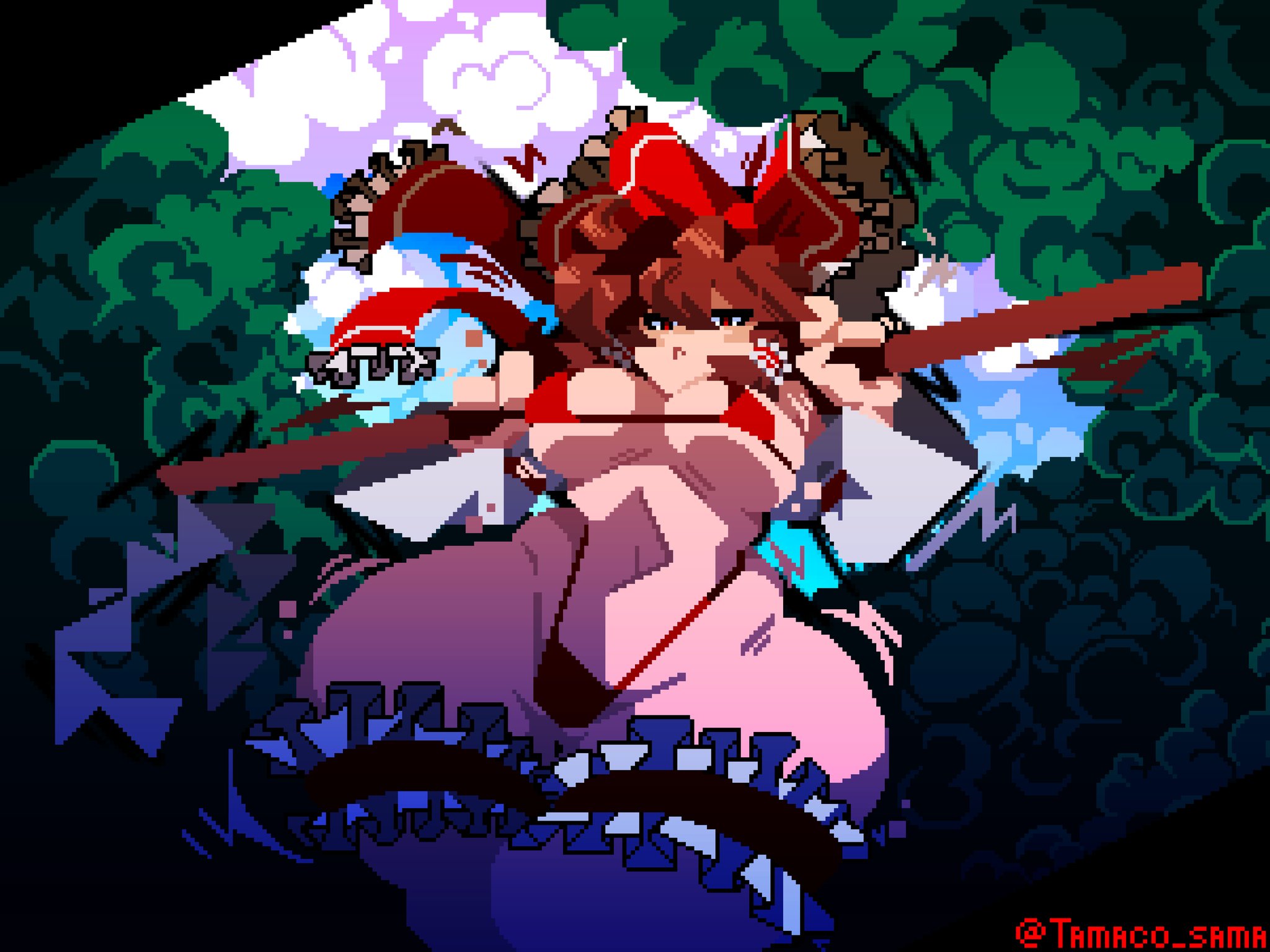2025, artist name, background, big breasts, big thighs, bikini, bikini bottom, bikini top, black border, breasts, brown hair, curvy, curvy female, curvy figure, female, hair ribbon, holding object, human, light skin, light-skinned female, looking at viewer, looking down, looking down at viewer, low-angle view, outdoors, pixel art, red bikini, red eyes, reimu hakurei, revealing clothes, sky, tamaco, thick thighs, thighhighs, touhou, trees, wide hips