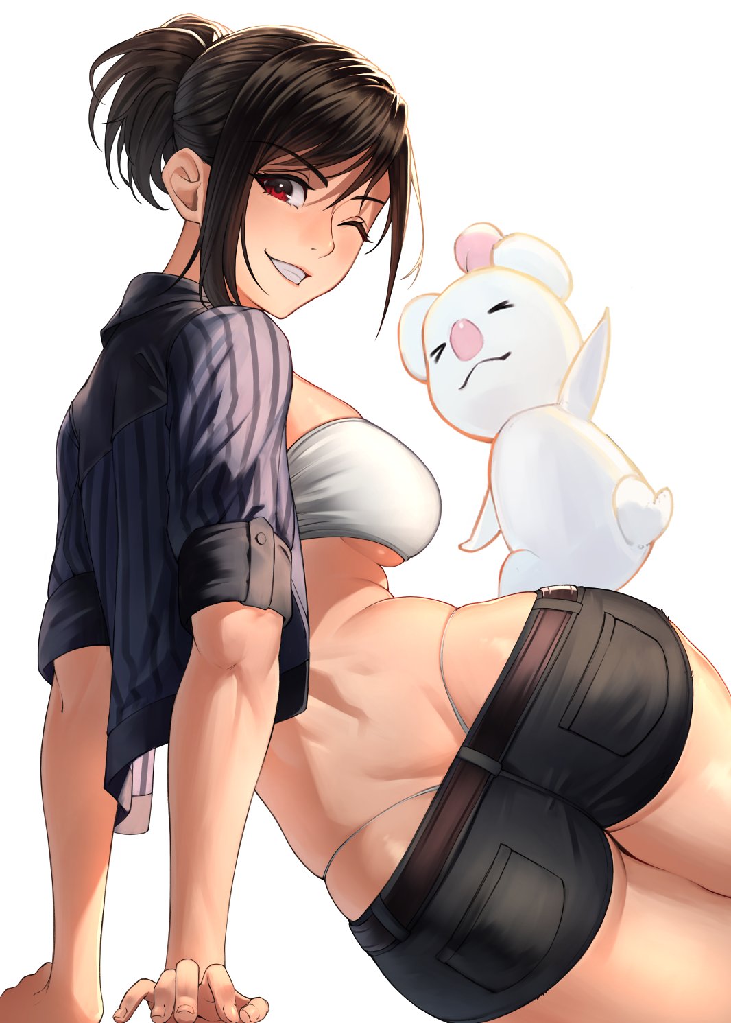 1girls, 1other, arm support, ass, belt, black hair, breasts, crop top, female, female only, final fantasy, final fantasy vii, final fantasy vii rebirth, final fantasy vii remake, highres, large breasts, legs together, looking at viewer, looking back, moogle, official alternate costume, official alternate hairstyle, one eye closed, open clothes, open shirt, red eyes, short shorts, shorts, smile, temoc, thighs, thong, tifa lockhart, tifa lockhart (majestic glamour)